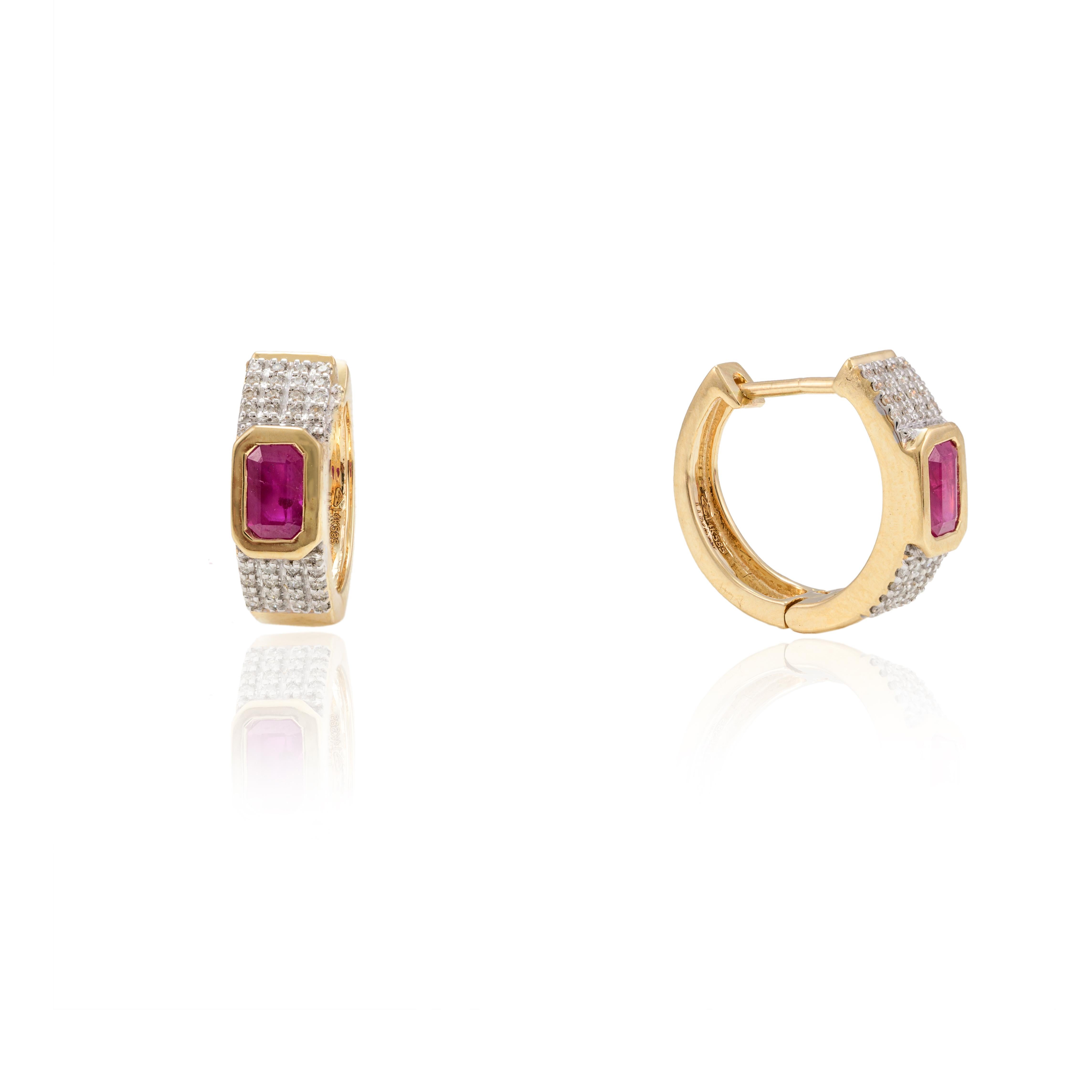  Everyday Diamond and Ruby Hoop Earrings 14k Solid Yellow Gold, Grandma Gift In New Condition For Sale In Houston, TX