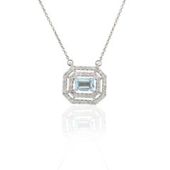 Everyday Diamond Octagon Cut Aquamarine Chain Necklace 14k Solid White Gold