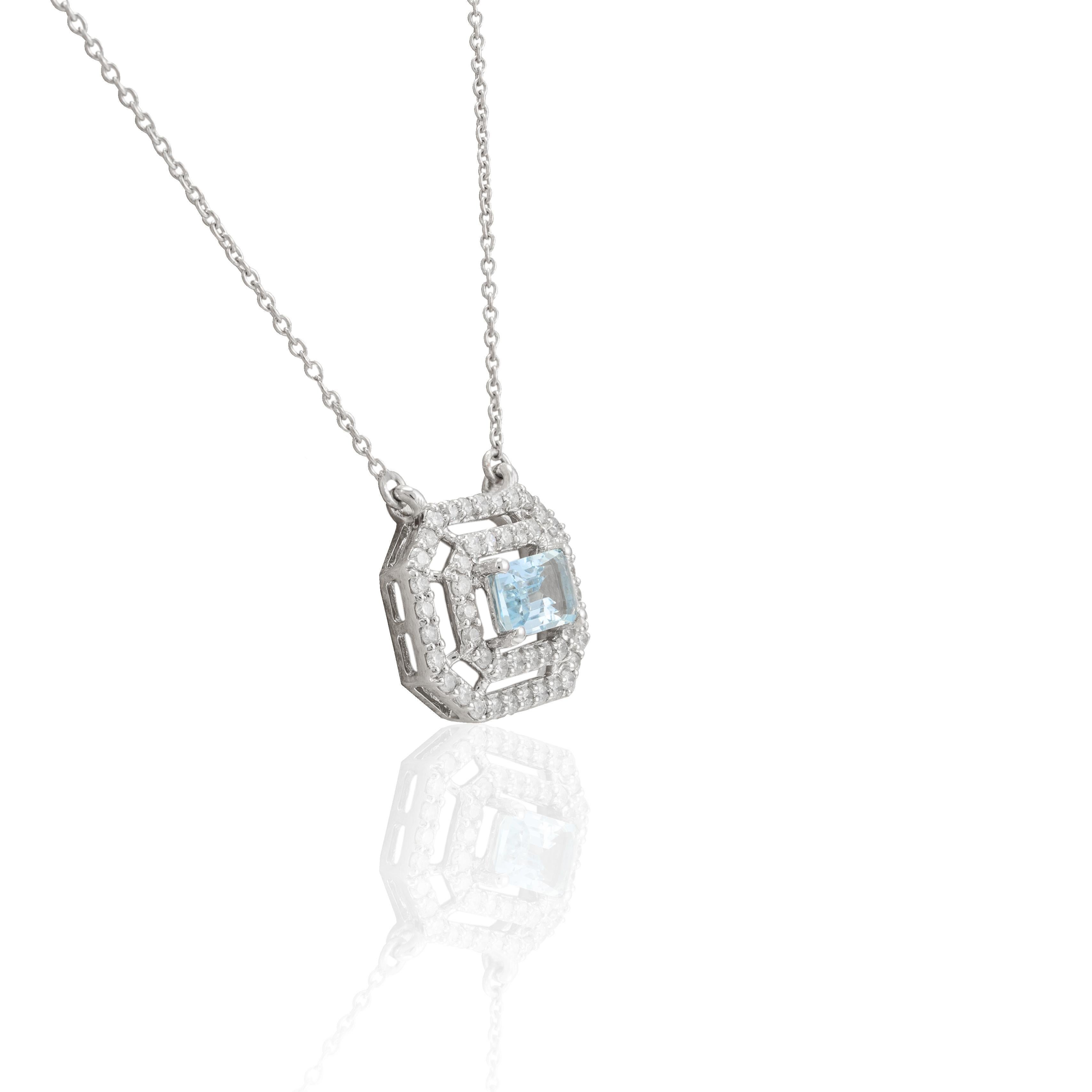 Moderne Collier à chaîne d'aigue-marine avec diamants de tous les jours, taille octogonale, en or blanc massif 14k en vente