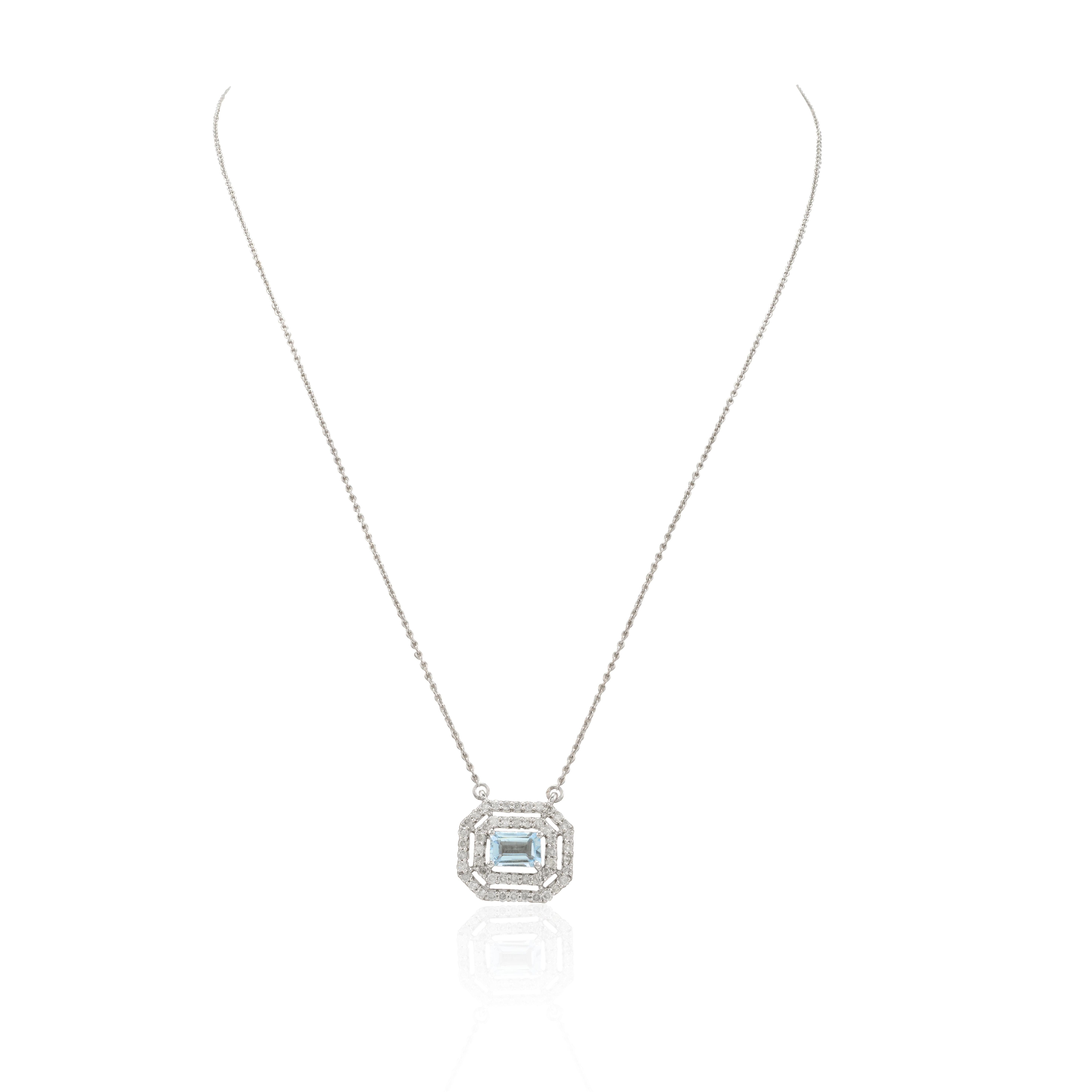 Everyday Diamond Octagon Cut Aquamarine Chain Necklace 14k Solid White Gold In New Condition For Sale In New York, NY