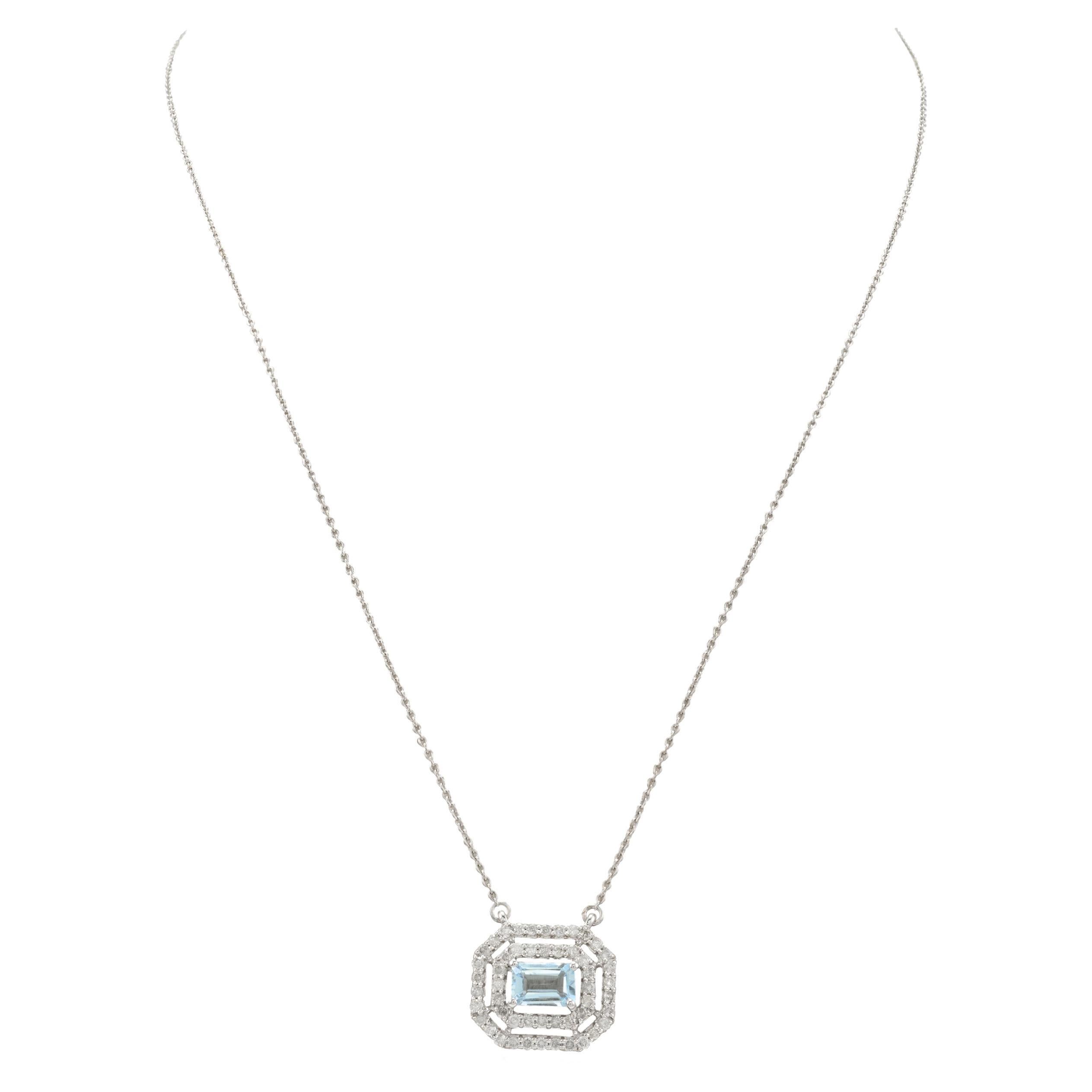 Collier à chaîne d'aigue-marine avec diamants de tous les jours, taille octogonale, en or blanc massif 14k en vente