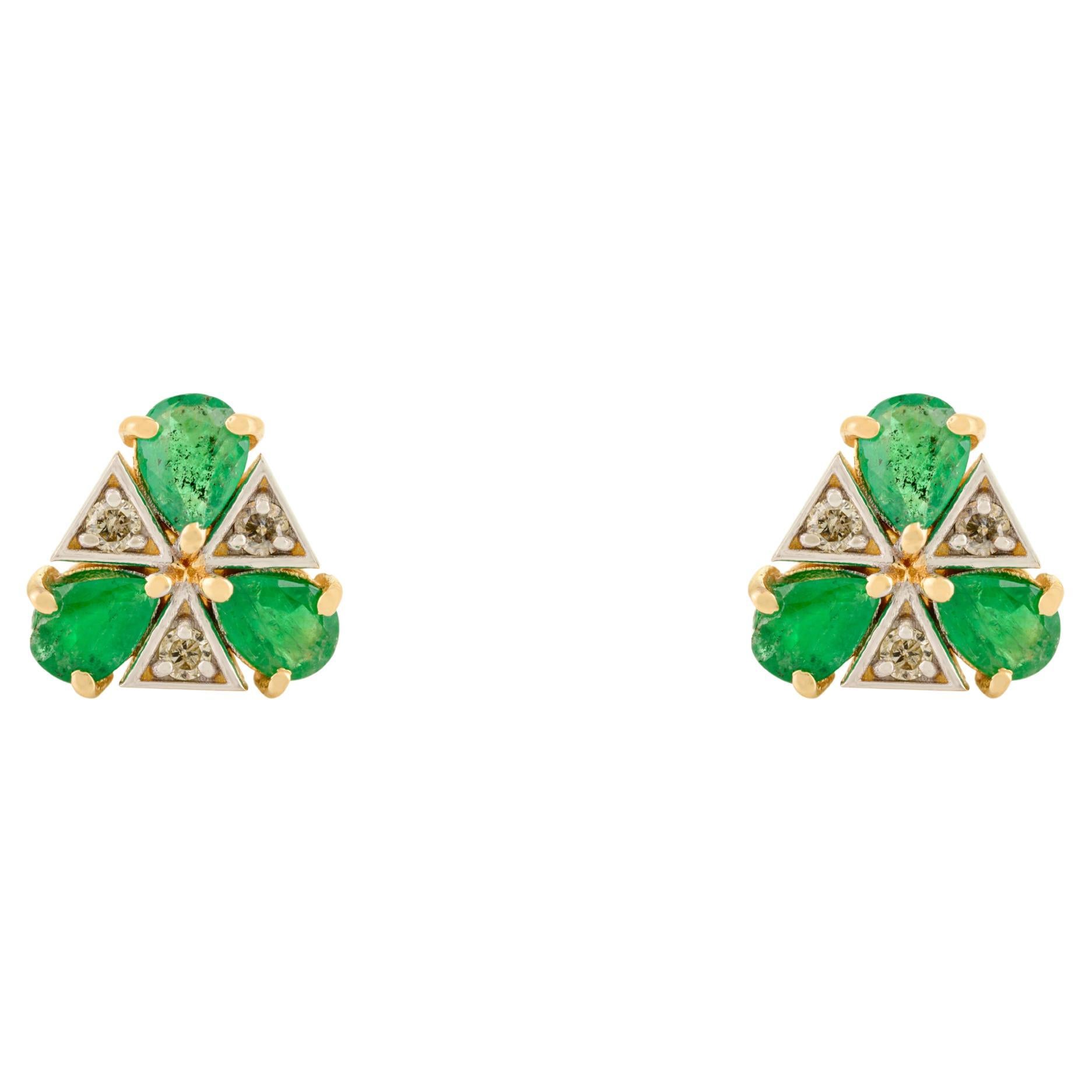 Alltägliche Smaragd und Diamant 14k Gelbgold Trillion Ohrstecker für Sie