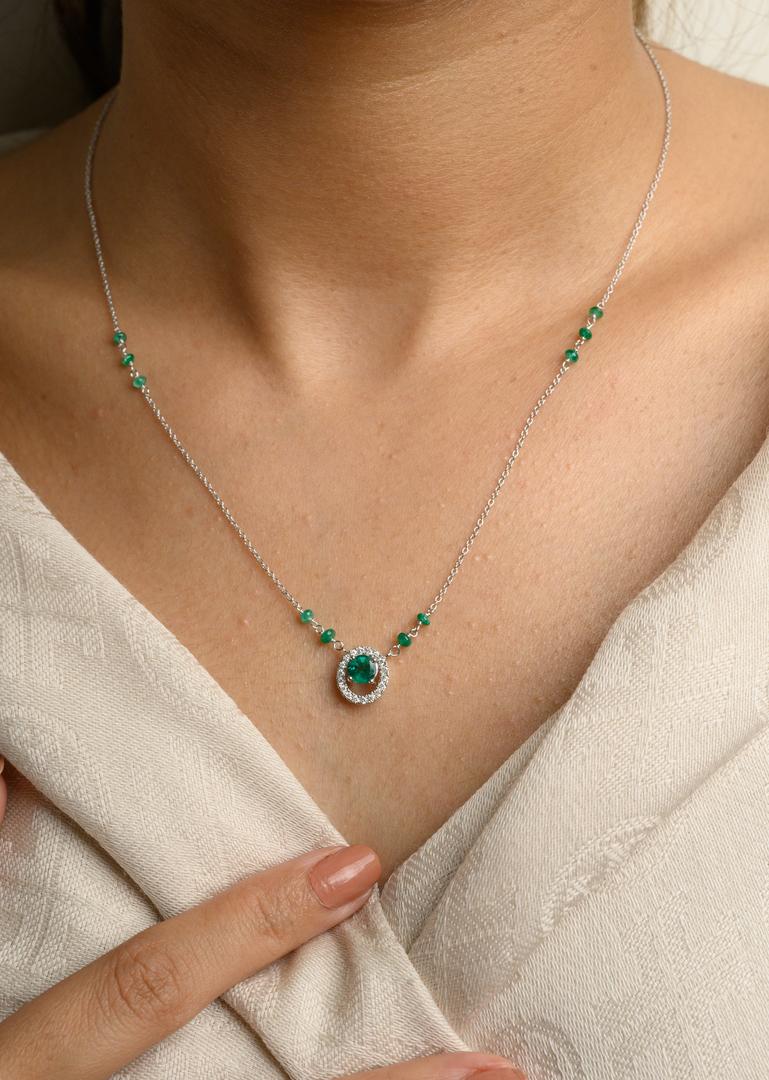 Modern Everyday Emerald Diamond Necklace 18k Solid White Gold, Fine Jewelry Gift For Sale