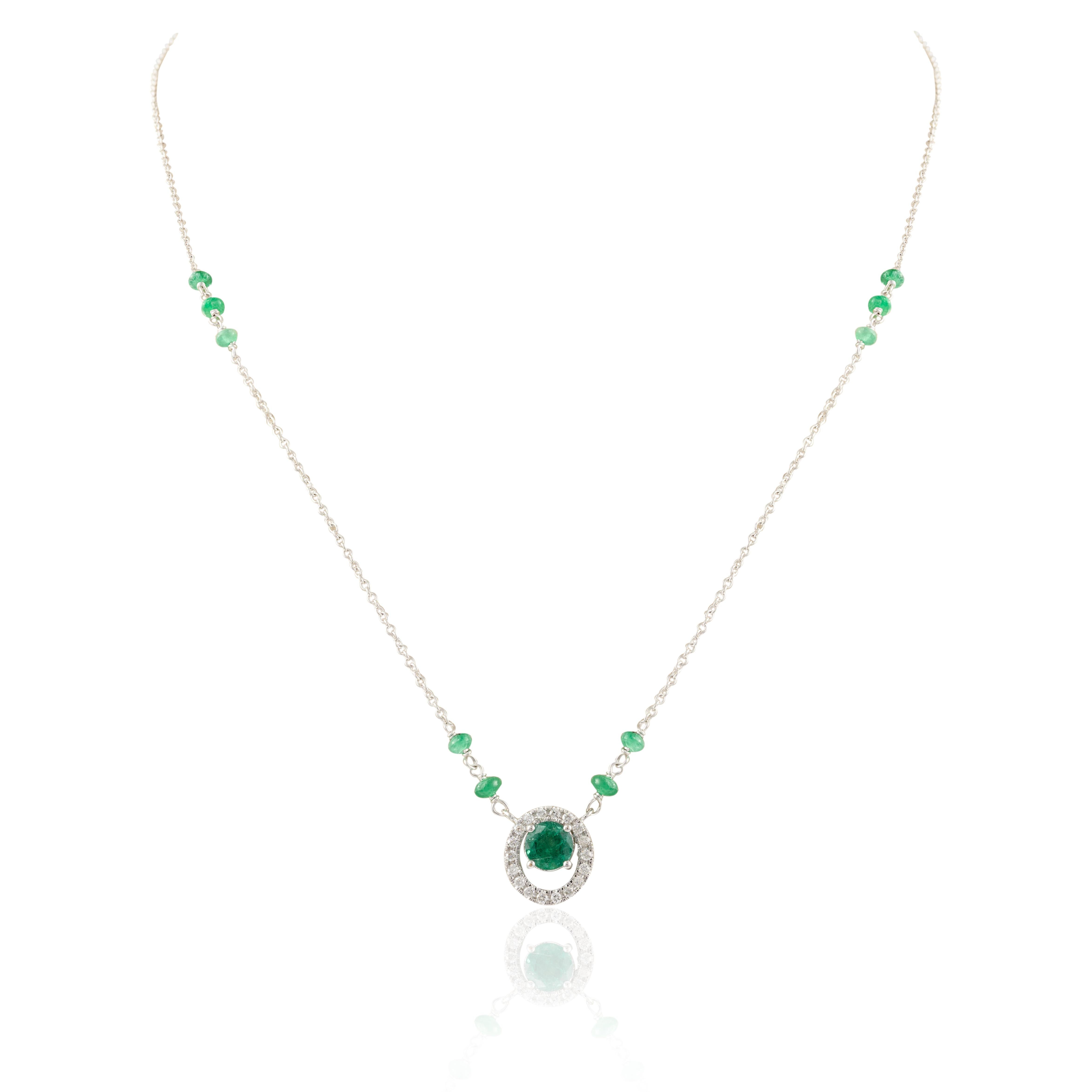 Round Cut Everyday Emerald Diamond Necklace 18k Solid White Gold, Fine Jewelry Gift For Sale