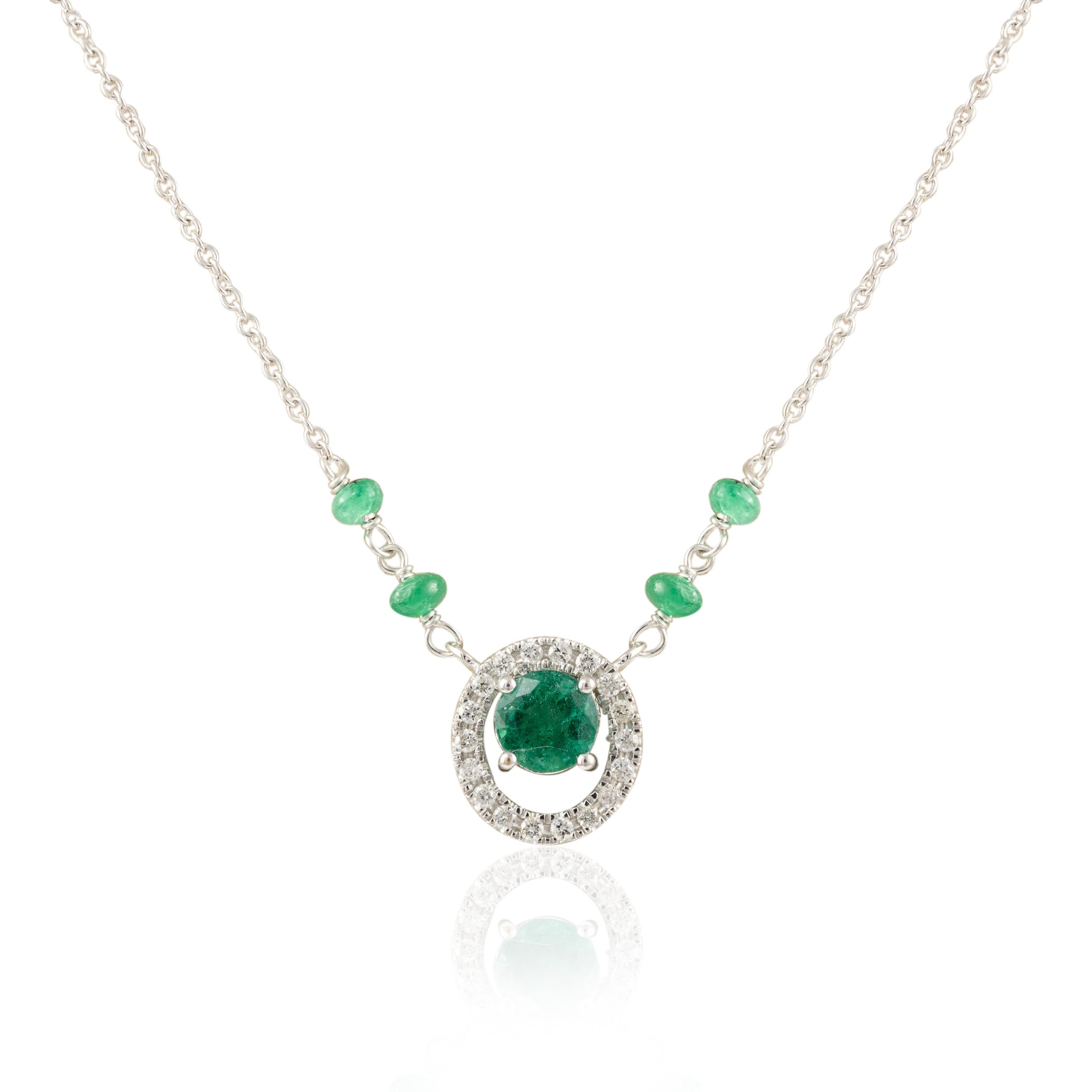 Women's Everyday Emerald Diamond Necklace 18k Solid White Gold, Fine Jewelry Gift For Sale