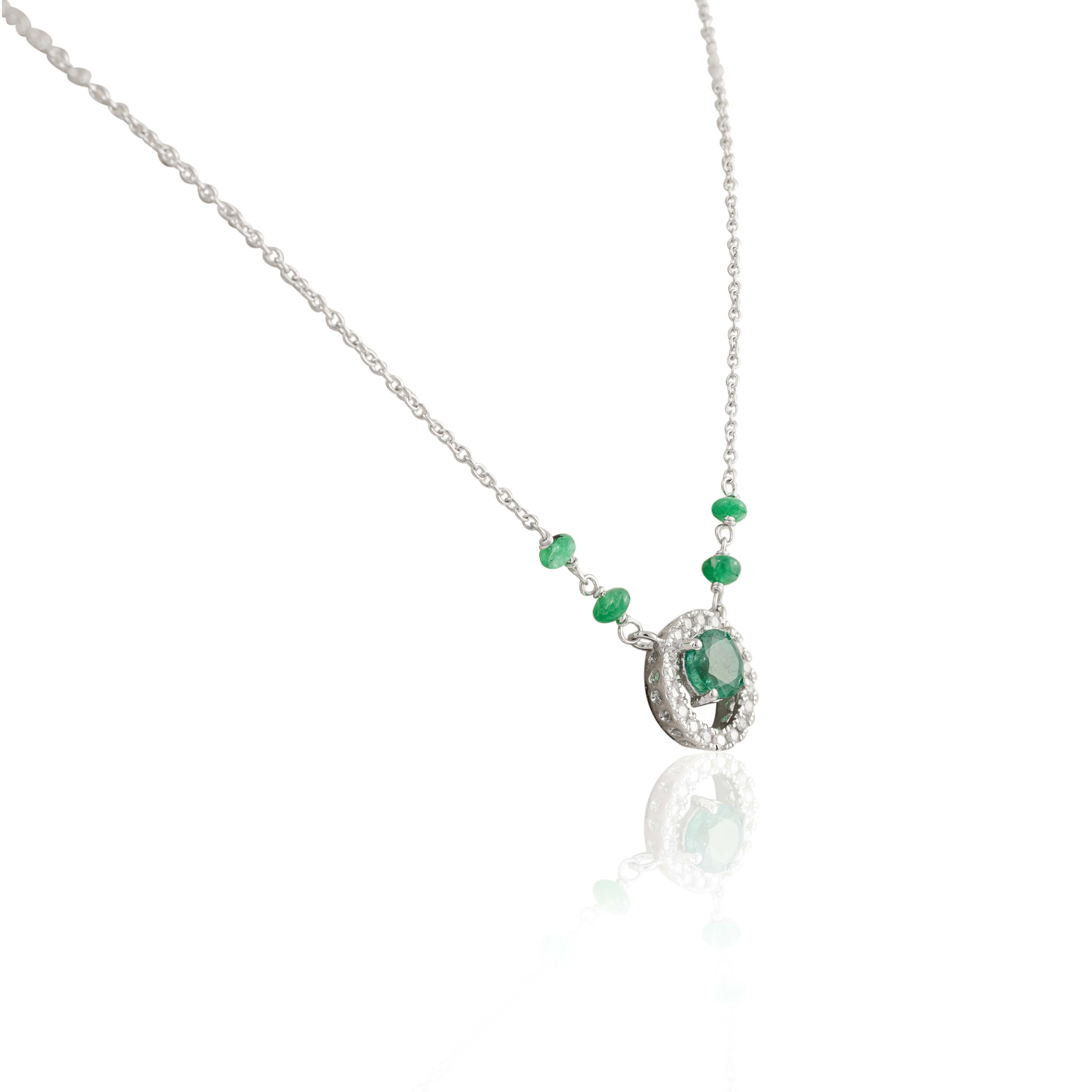 Everyday Emerald Diamond Necklace 18k Solid White Gold, Fine Jewelry Gift For Sale 1