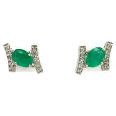 Antique Everyday Emerald and Diamond Stud Earrings for Her in 925 Silver