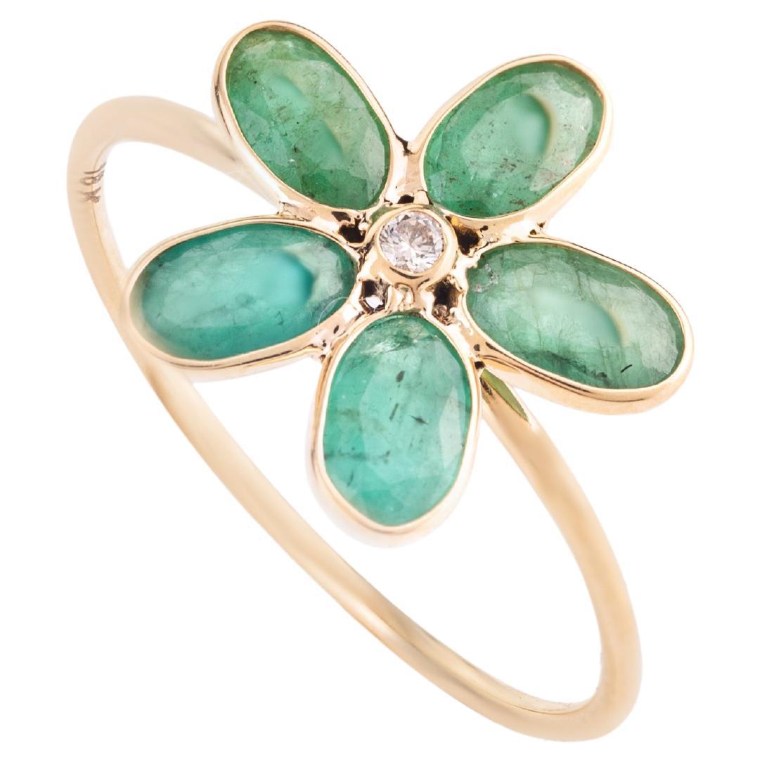 Everyday Emerald Diamond Dainty Flower Ring in 18k Yellow Gold for Her