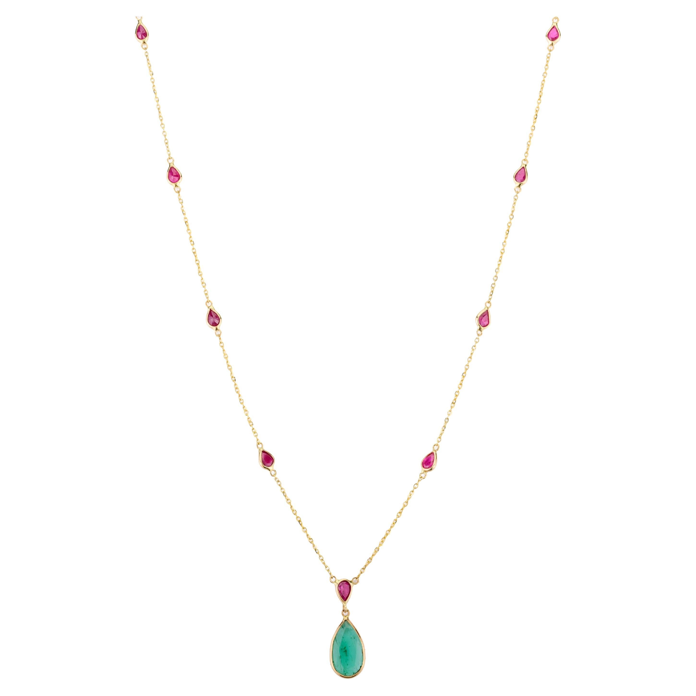 Everyday Emerald Ruby Minimalist Chain Necklace Gift for Mom in 18k Yellow Gold