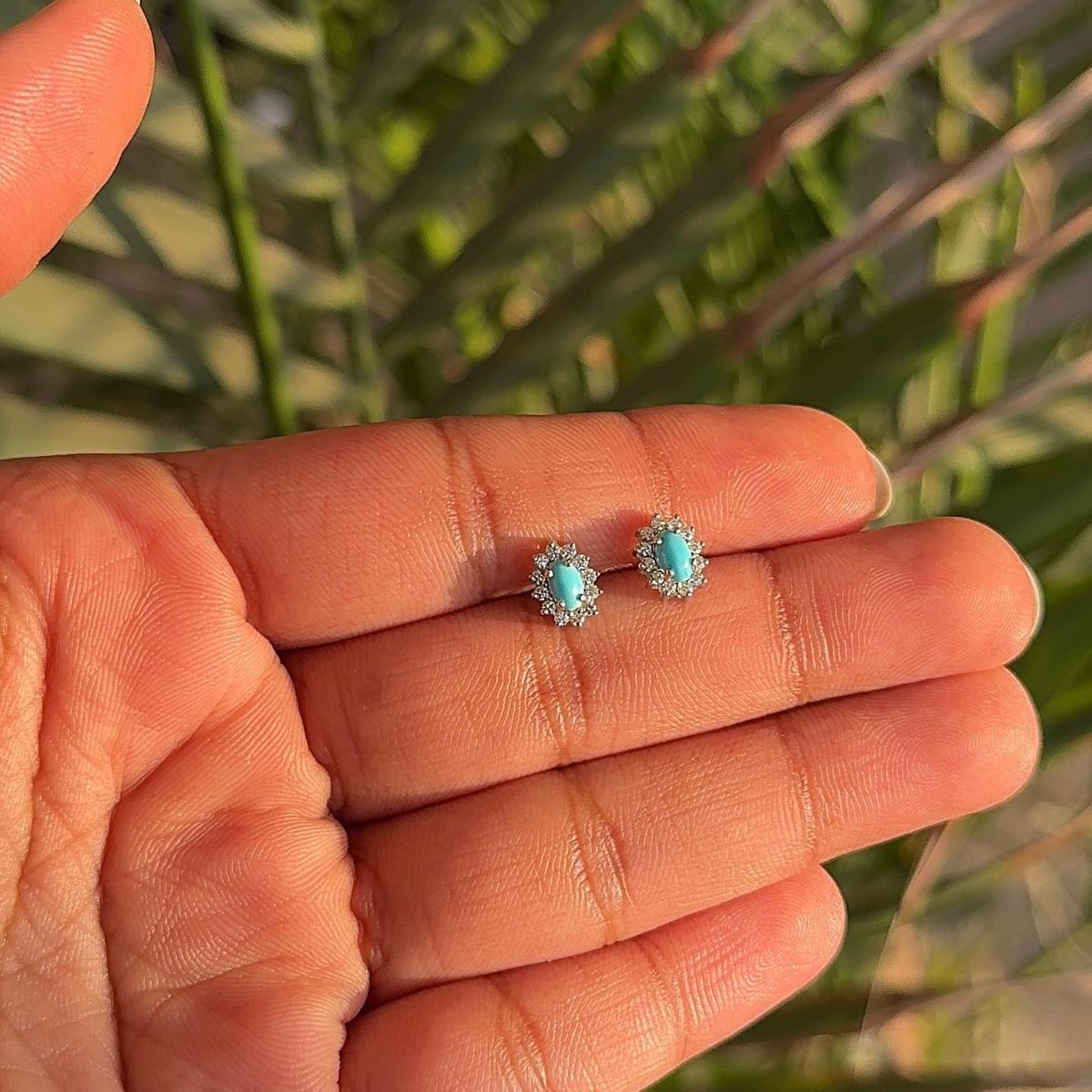 Taille mixte Clous d'oreilles Everyday Halo Zircon avec turquoise 925 pour mère cadeau en vente