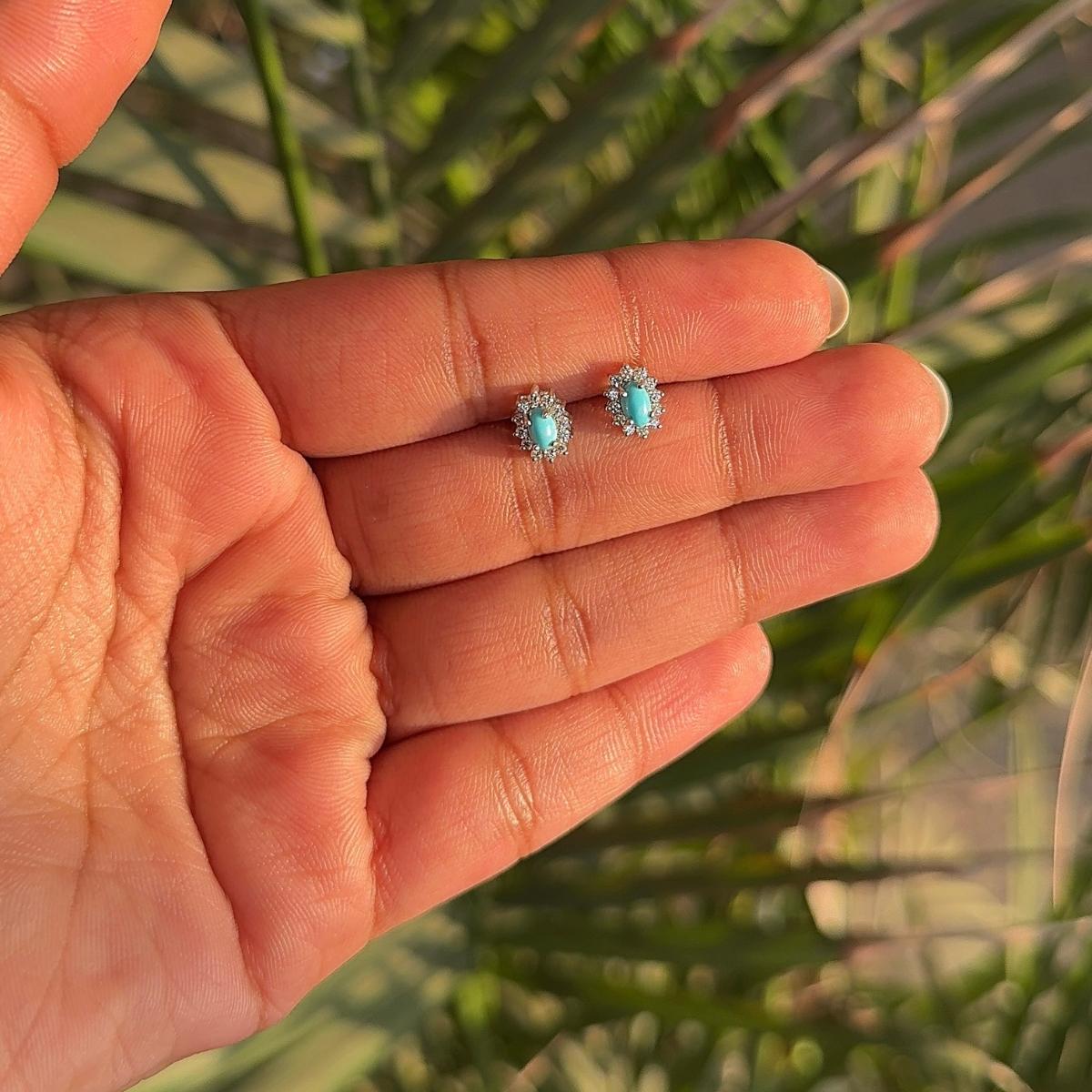 Clous d'oreilles Everyday Halo Zircon avec turquoise 925 pour mère cadeau en vente 1
