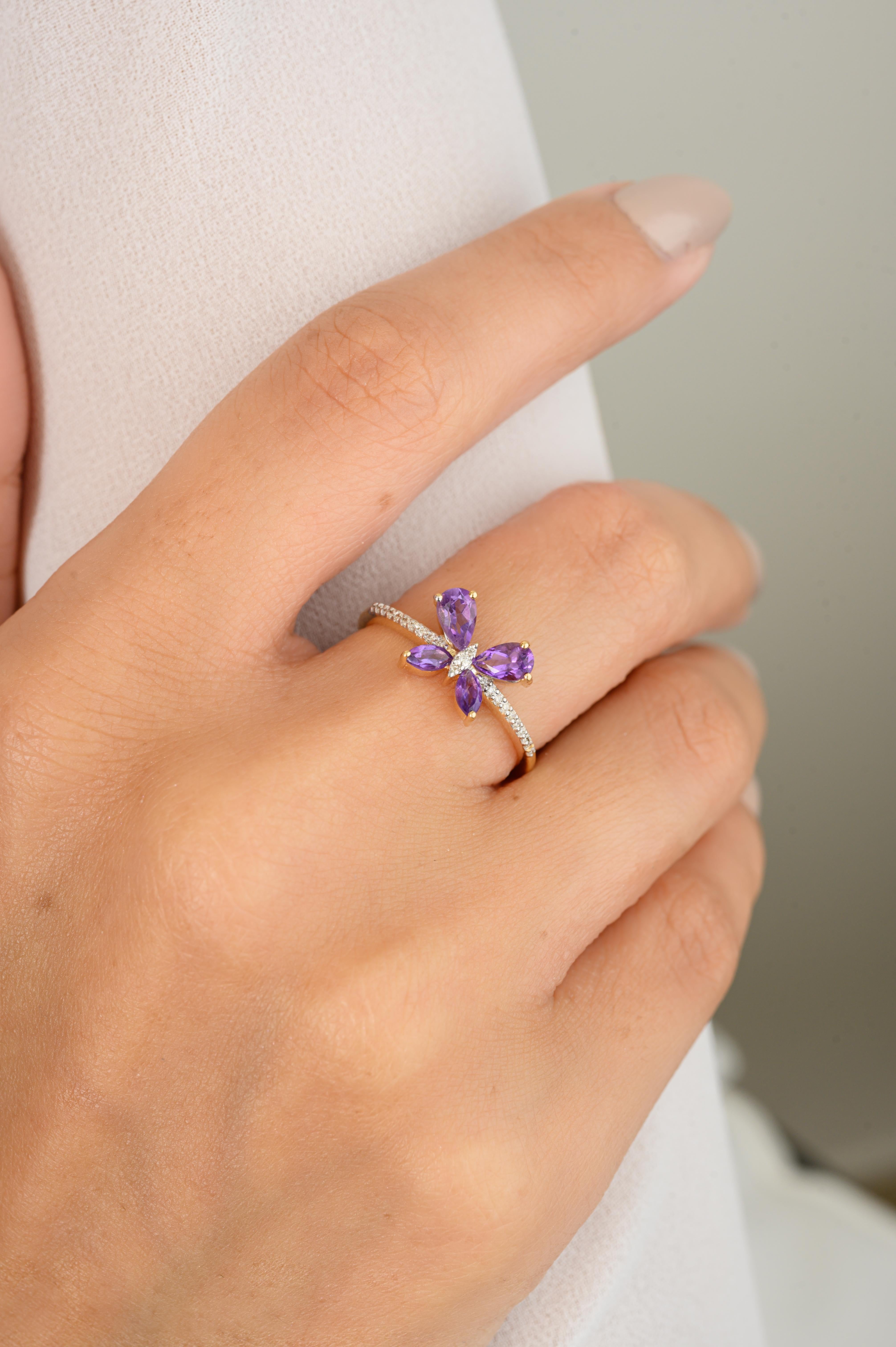 For Sale:  Everyday Minimal Amethyst Diamond Butterfly Ring Gift in 18k Solid Yellow Gold 2