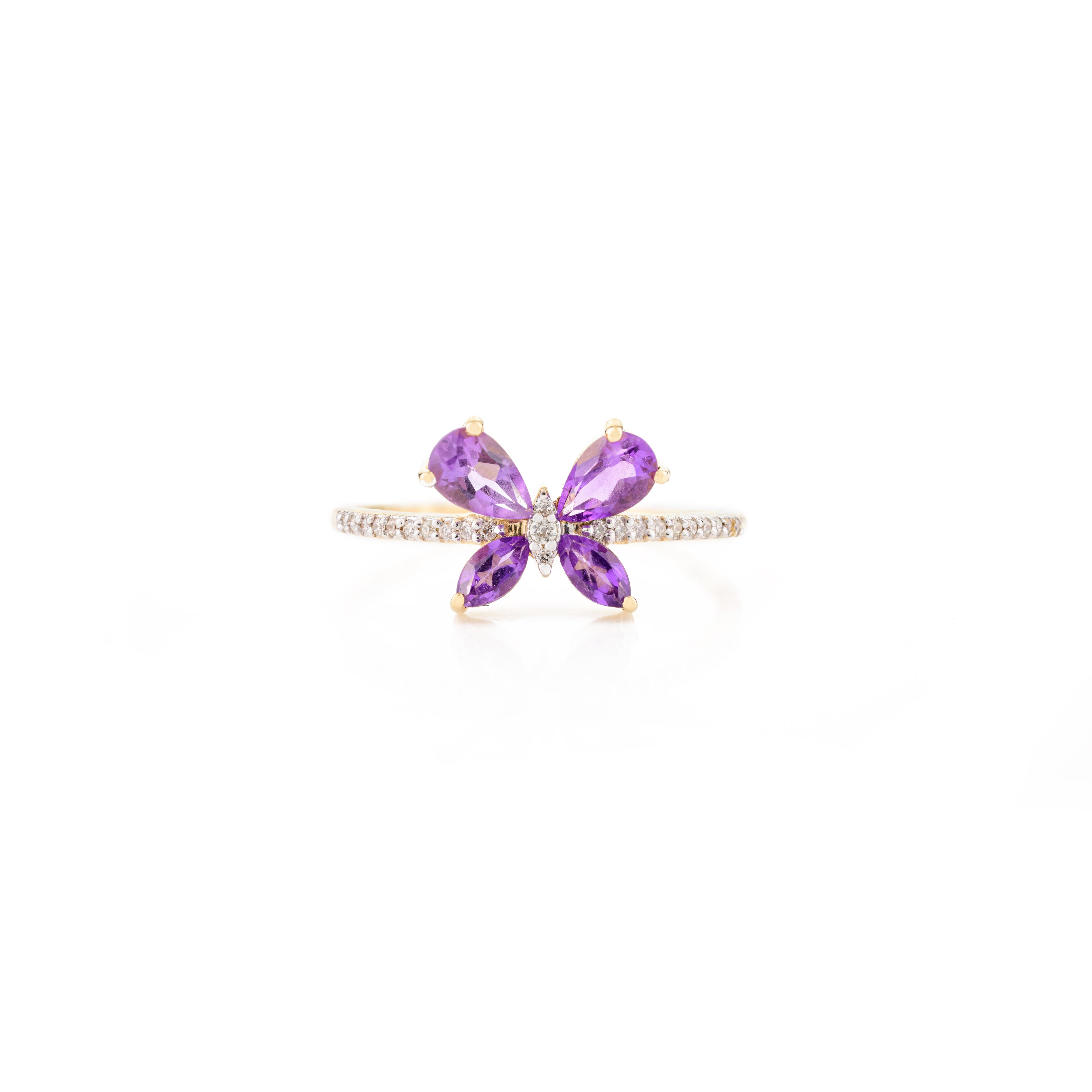 For Sale:  Everyday Minimal Amethyst Diamond Butterfly Ring Gift in 18k Solid Yellow Gold 4