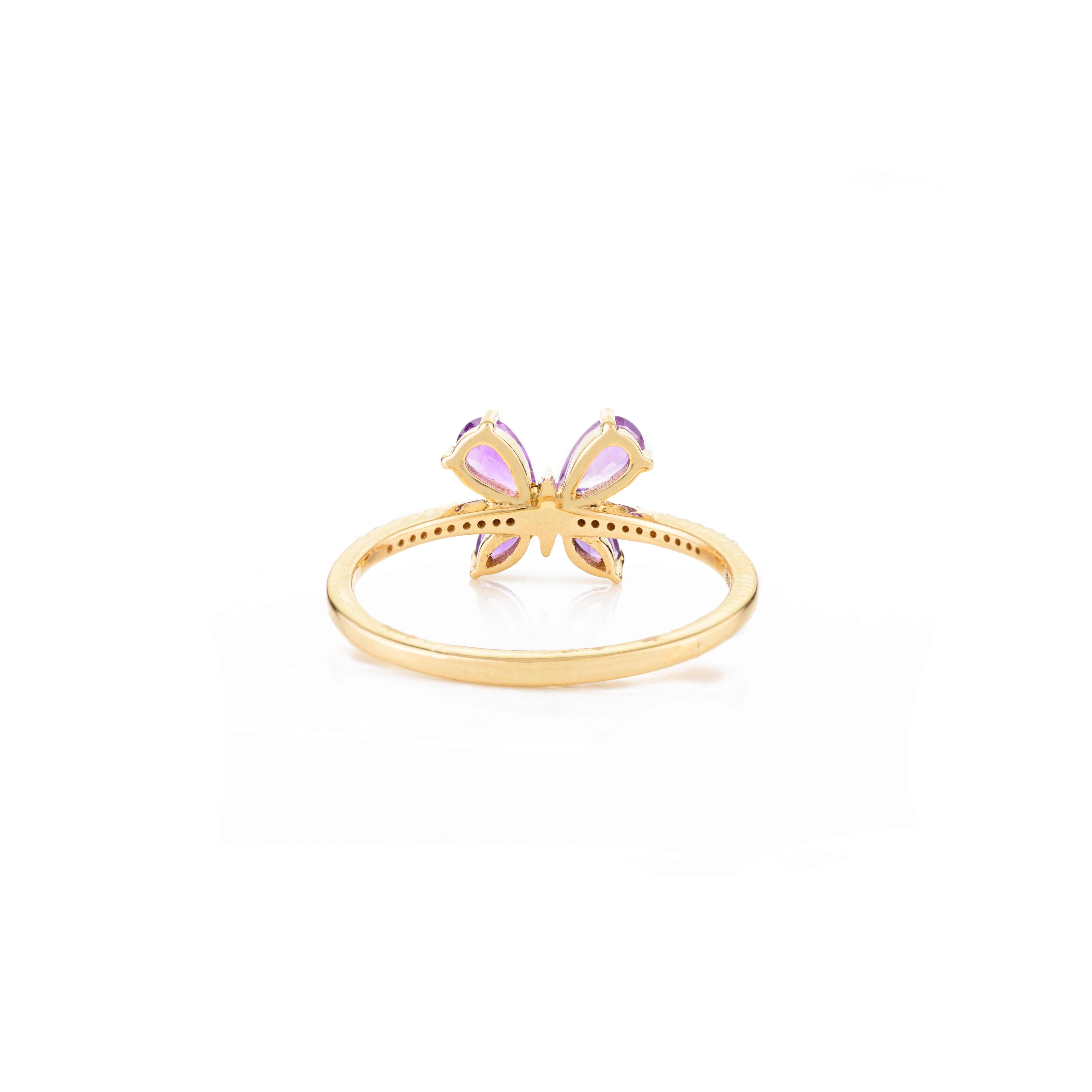 For Sale:  Everyday Minimal Amethyst Diamond Butterfly Ring Gift in 18k Solid Yellow Gold 6