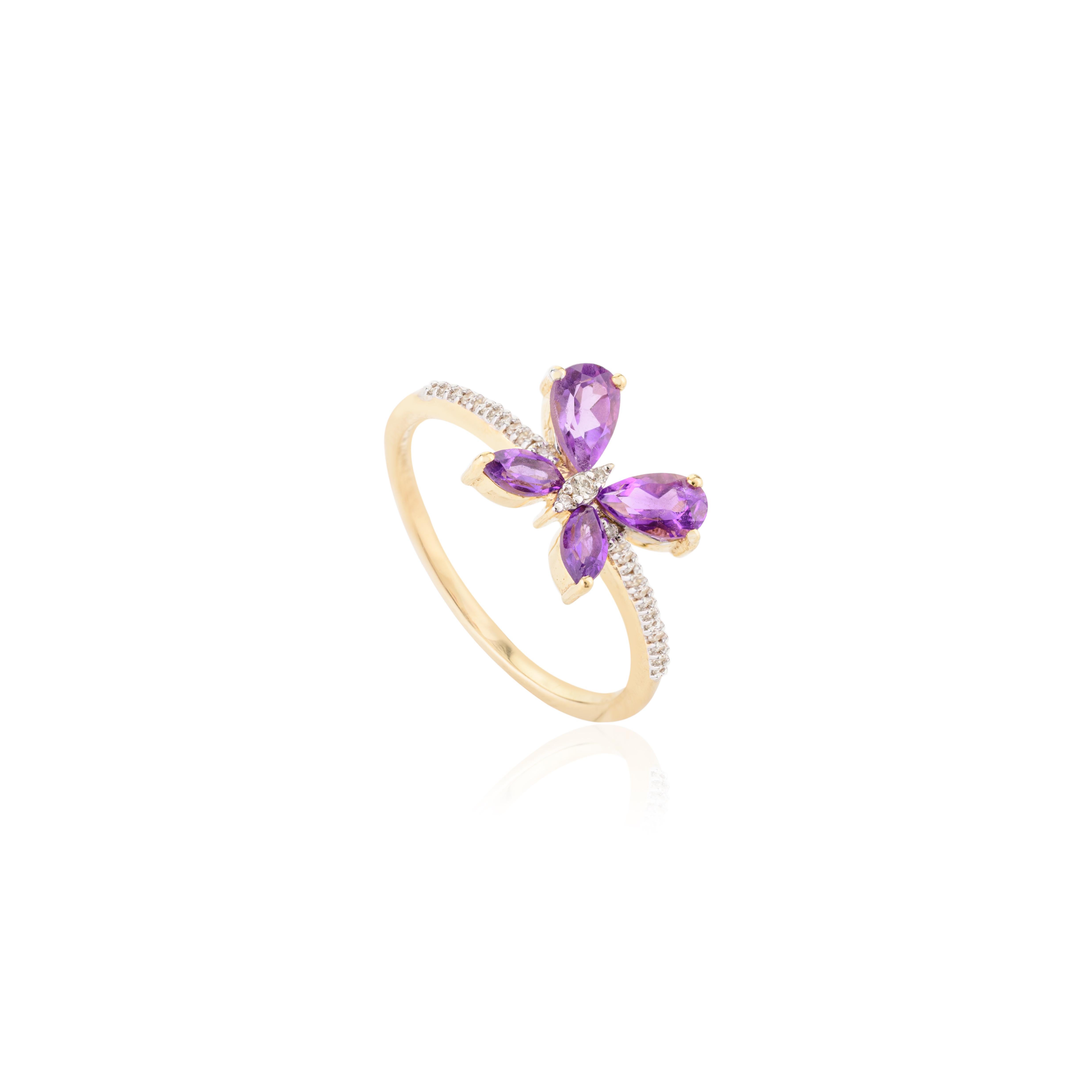For Sale:  Everyday Minimal Amethyst Diamond Butterfly Ring Gift in 18k Solid Yellow Gold 7