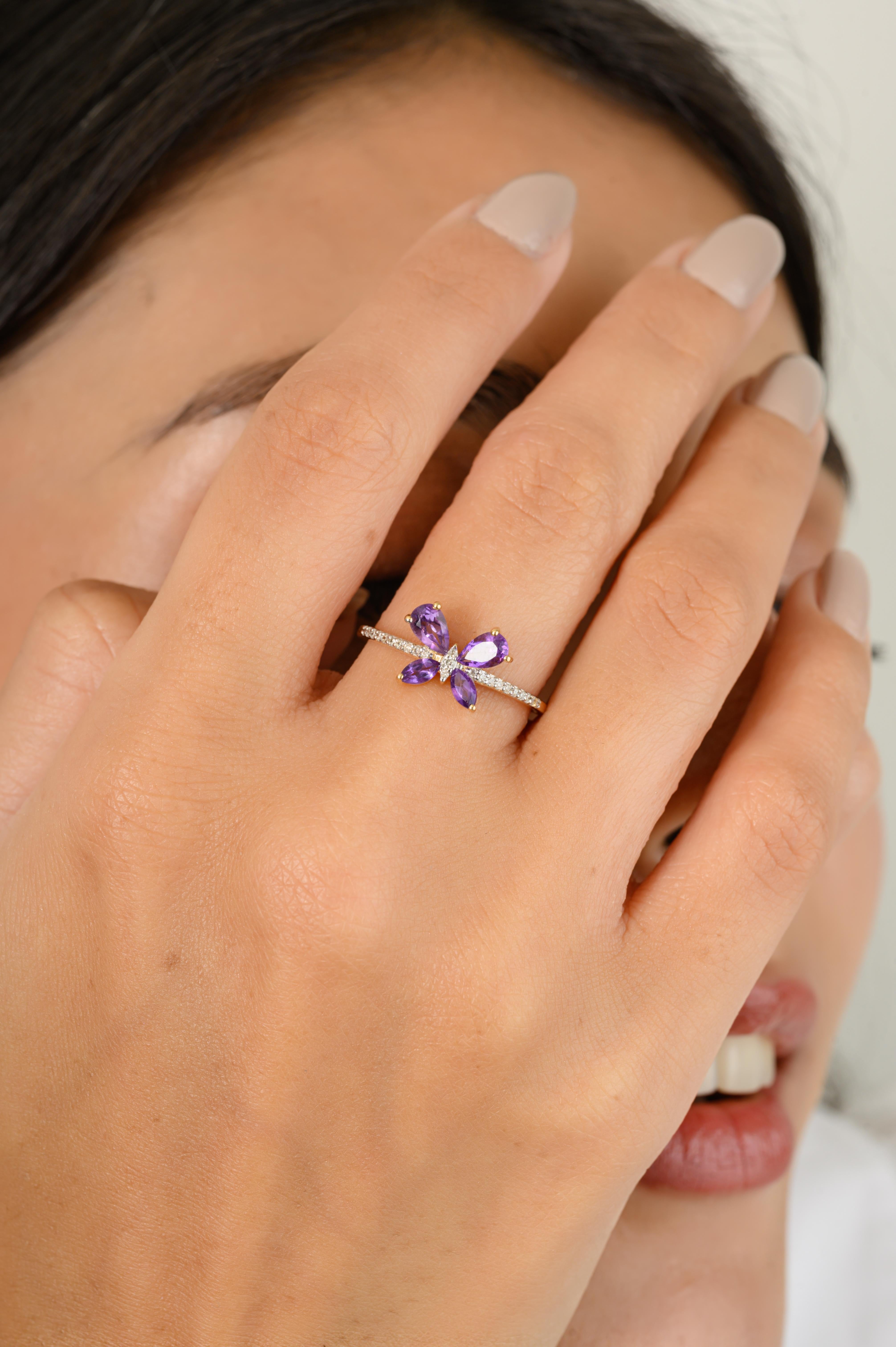 For Sale:  Everyday Minimal Amethyst Diamond Butterfly Ring Gift in 18k Solid Yellow Gold 8