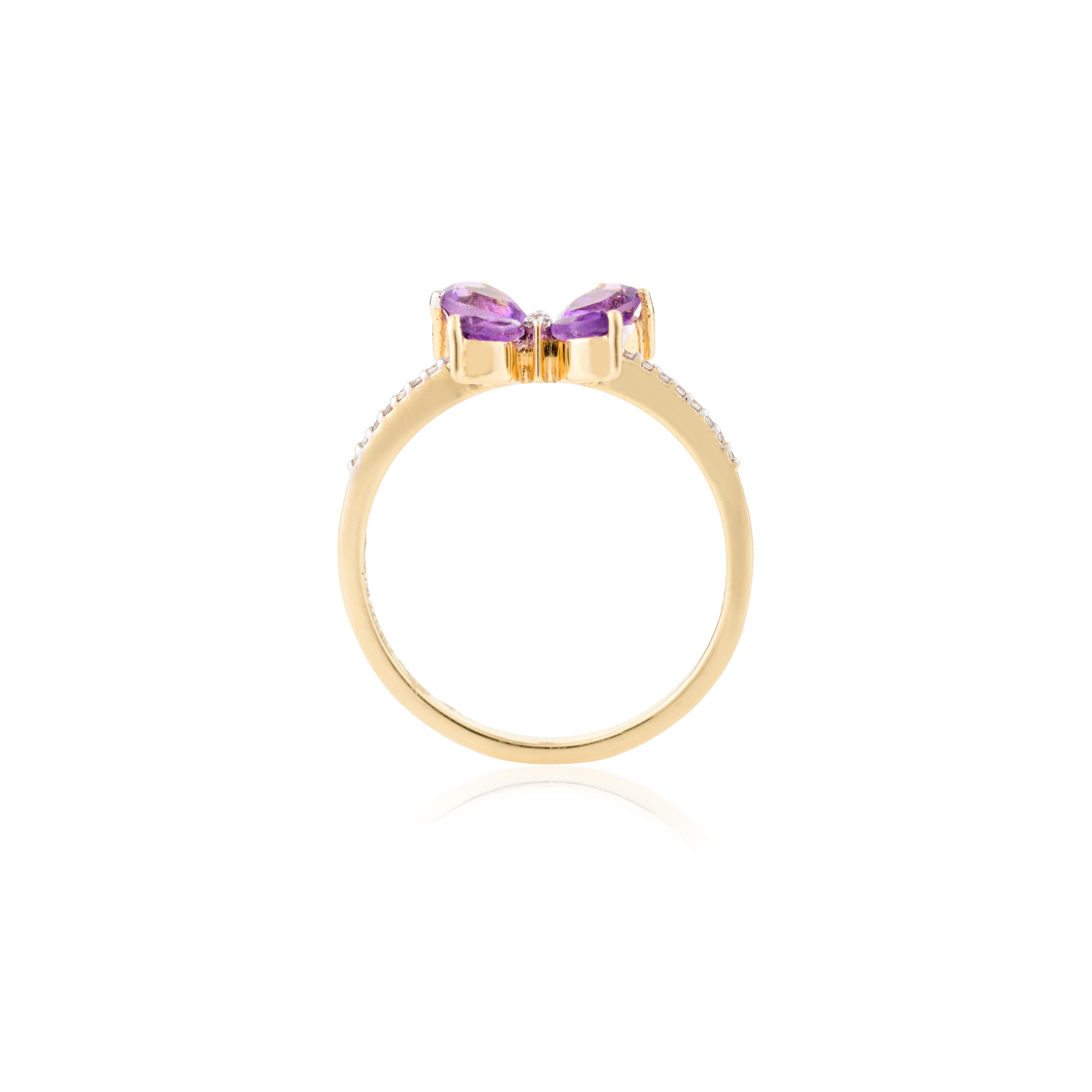For Sale:  Everyday Minimal Amethyst Diamond Butterfly Ring Gift in 18k Solid Yellow Gold 9