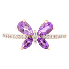 Bague papillon en améthyste et diamant en or jaune massif 18 carats