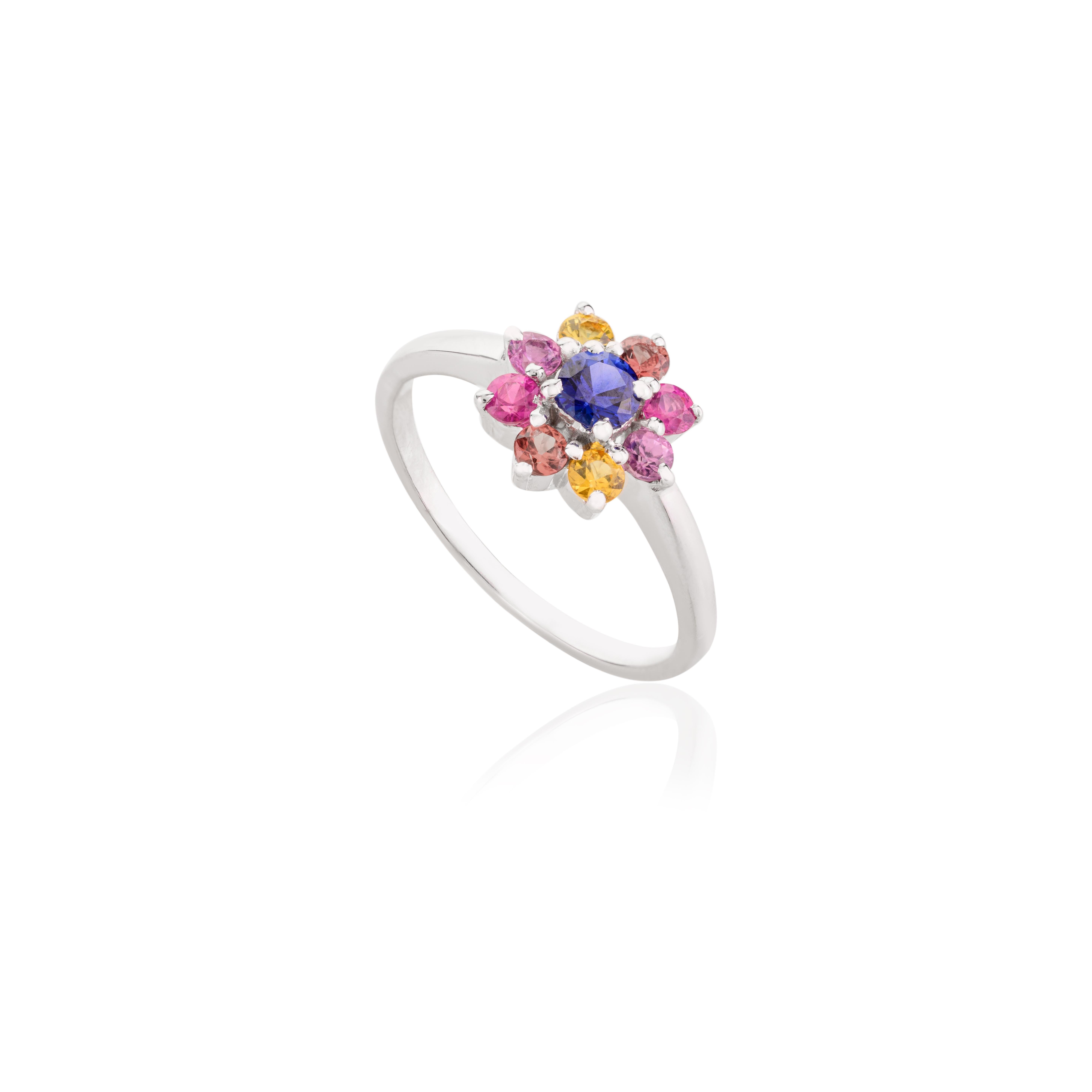 For Sale:  Everyday Multicolor Rainbow Gemstone Flower Ring in 14k Solid White Gold 3