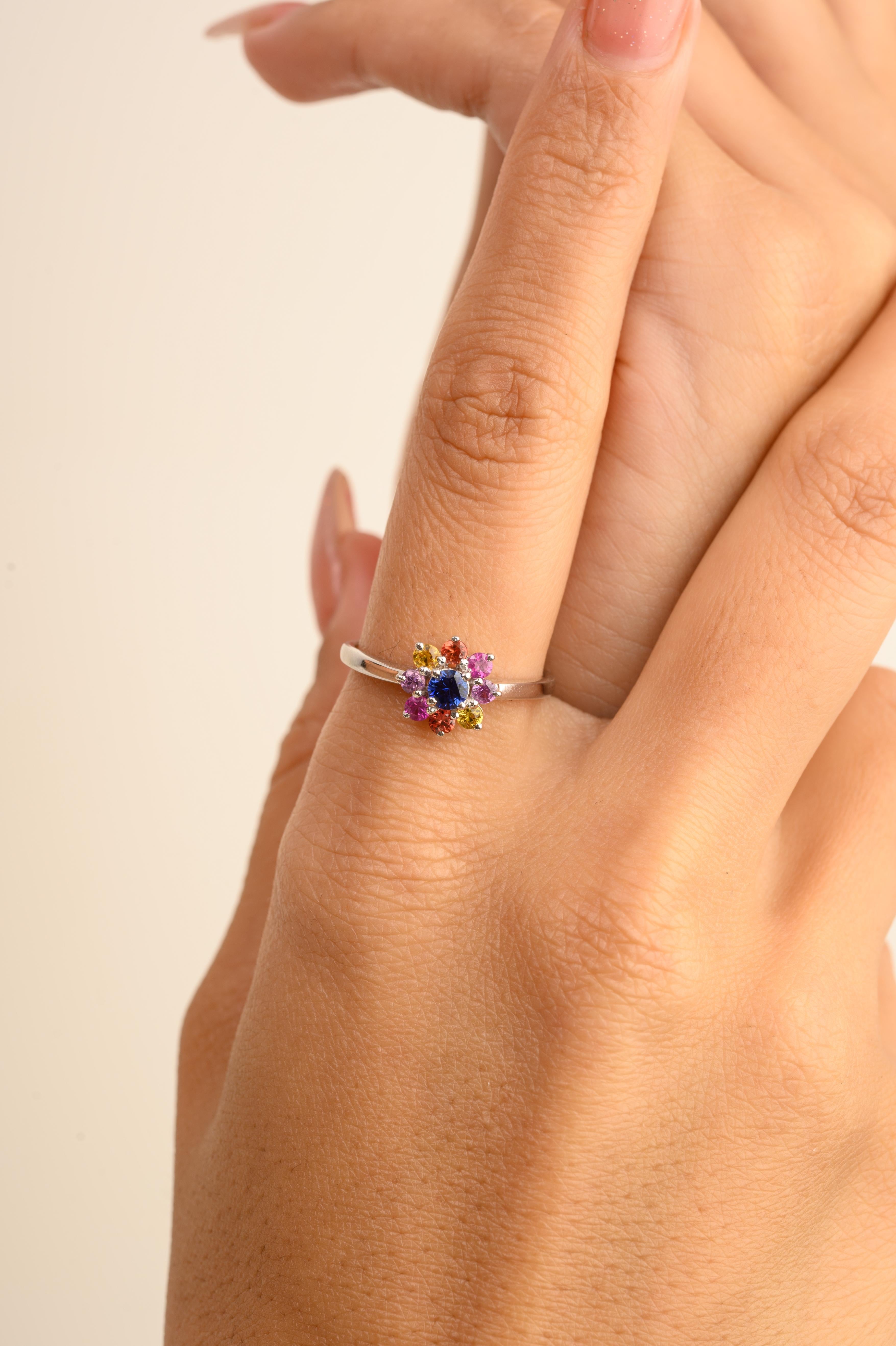 For Sale:  Everyday Multicolor Rainbow Gemstone Flower Ring in 14k Solid White Gold 2