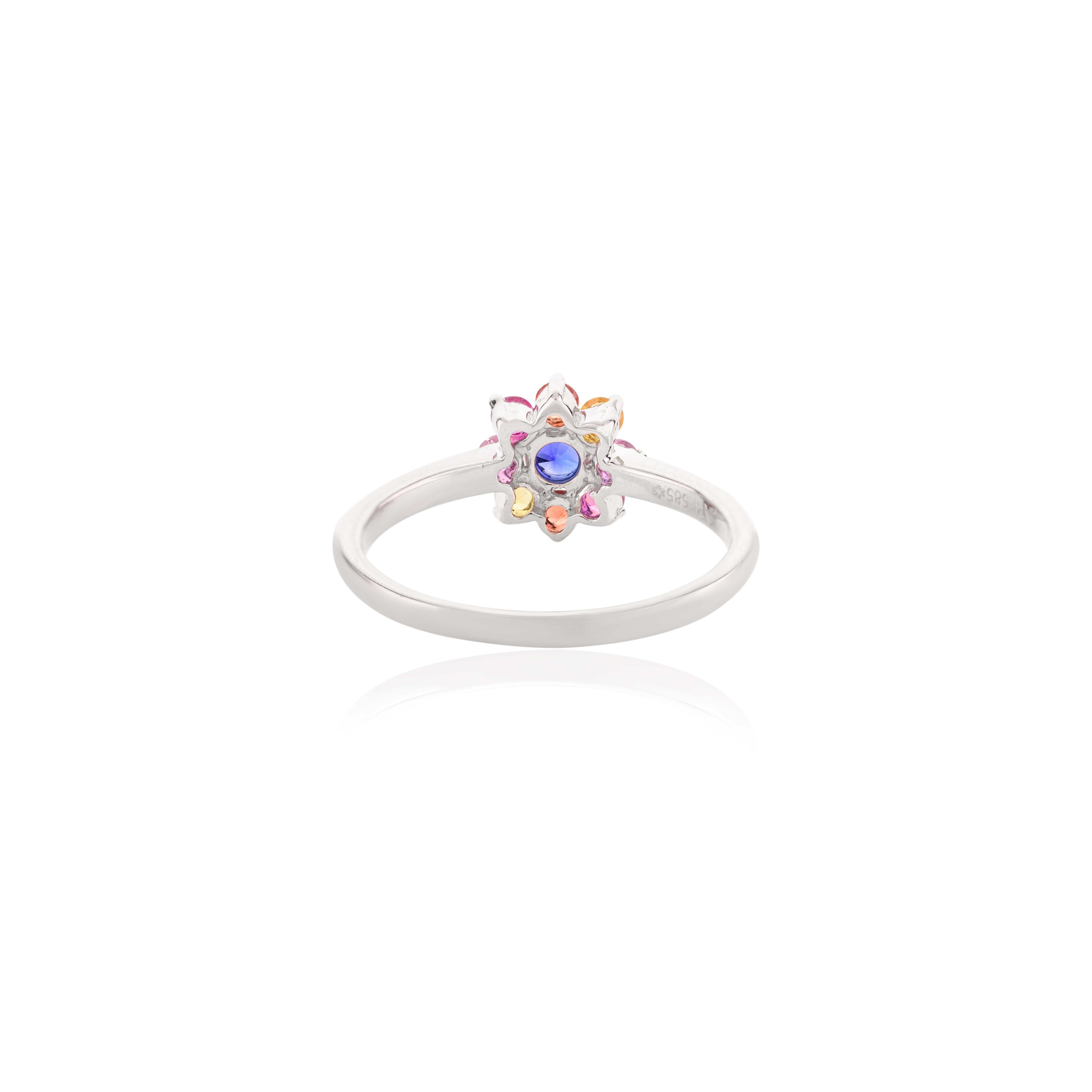 For Sale:  Everyday Multicolor Rainbow Gemstone Flower Ring in 14k Solid White Gold 6