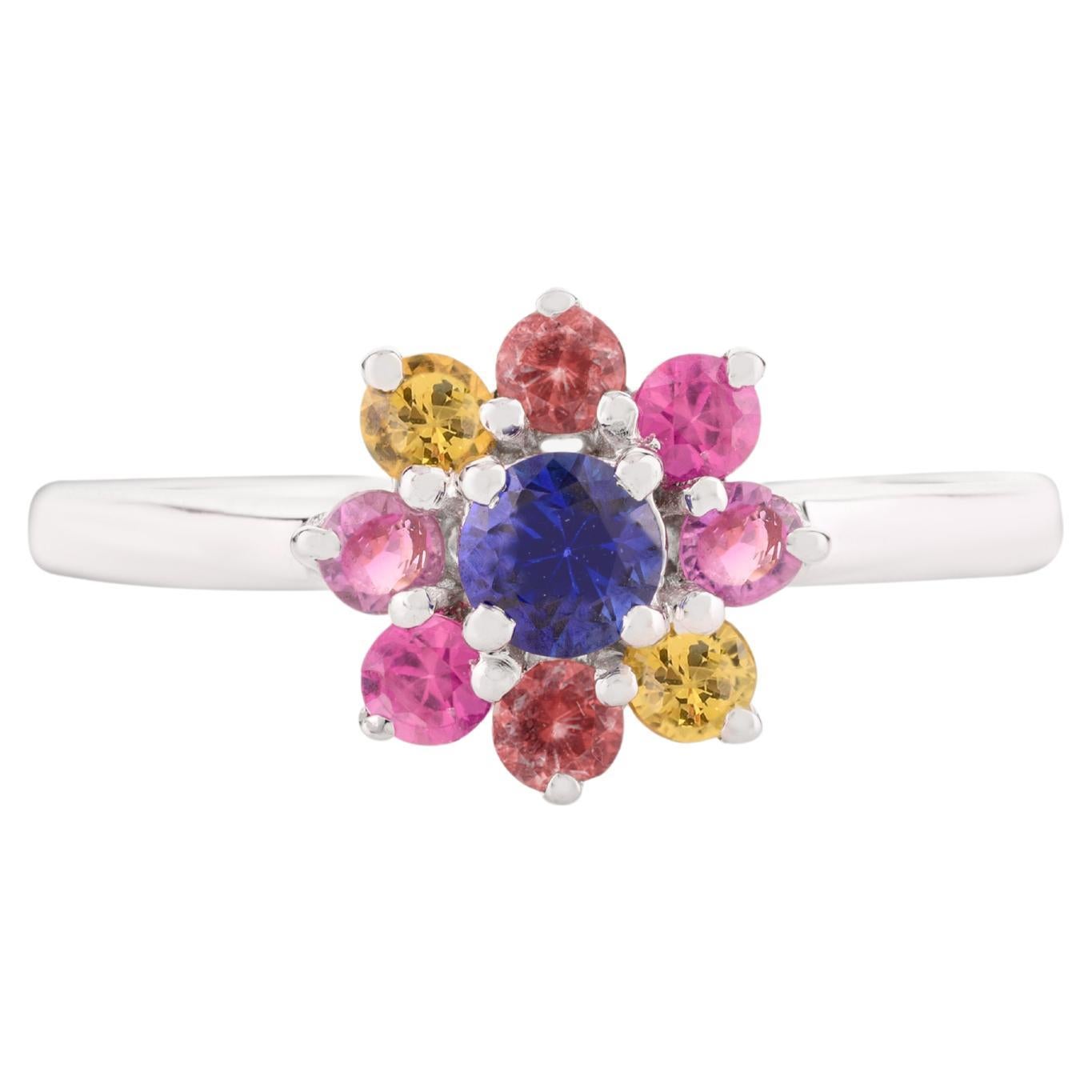 For Sale:  Everyday Multicolor Rainbow Gemstone Flower Ring in 14k Solid White Gold