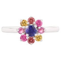 Bague en or blanc massif 14k avec fleur multicolore en pierres précieuses arc-en-ciel