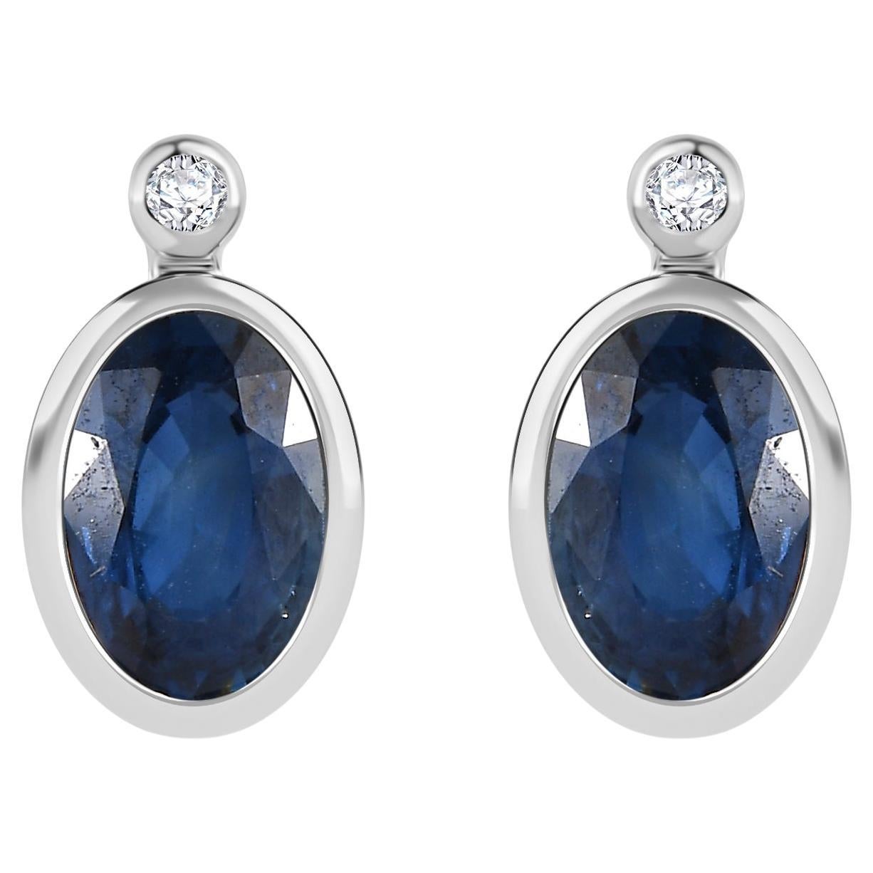 Everyday Natural Blue Sapphire Diamond Stud Earrings for Her in 14k White Gold