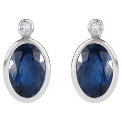 Everyday Natural Blue Sapphire Diamond Stud Earrings for Her in 14k White Gold