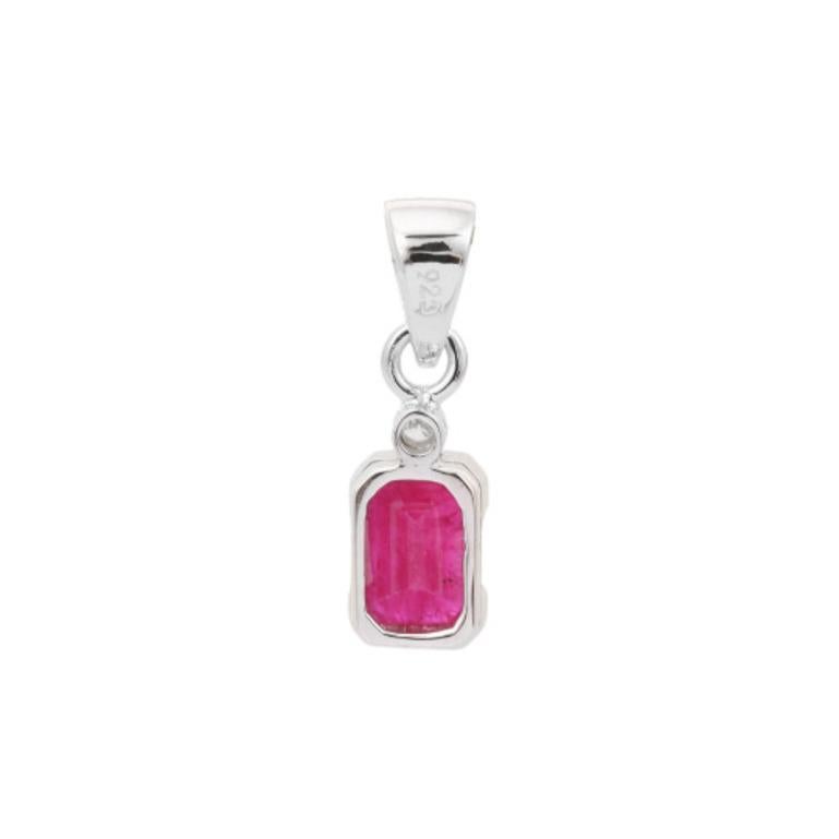 Art Deco Everyday Octagon Cut Natural Ruby and Diamond Pendant in Sterling Silver For Sale