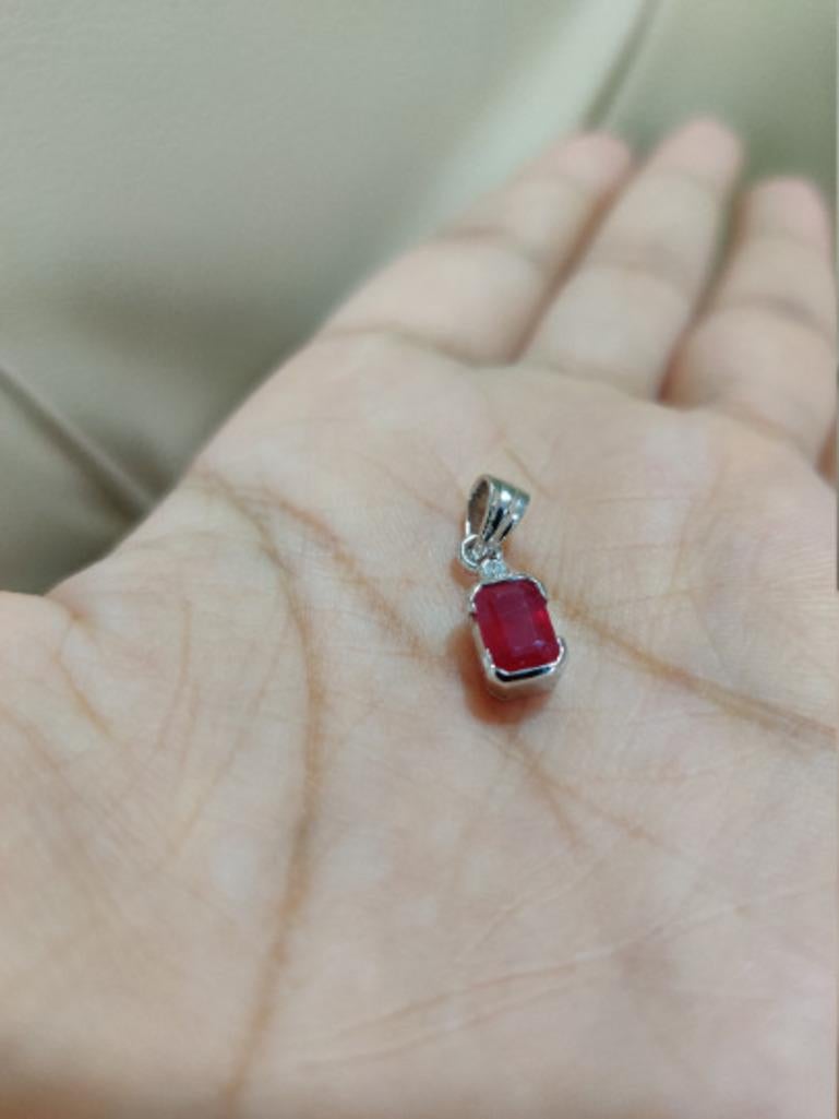 Women's Everyday Octagon Cut Natural Ruby and Diamond Pendant in Sterling Silver For Sale