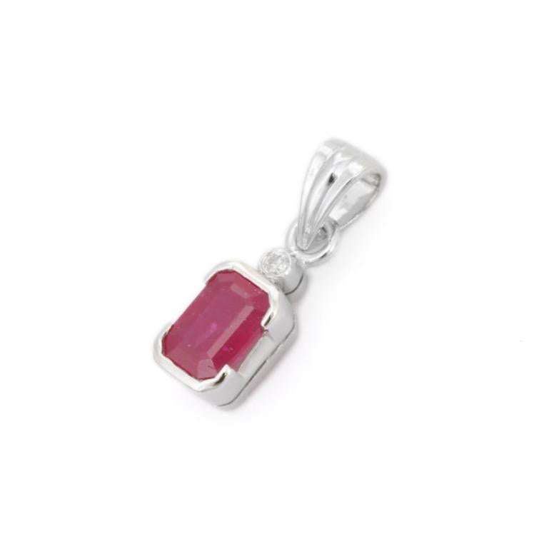 Everyday Octagon Cut Natural Ruby and Diamond Pendant in Sterling Silver For Sale 1