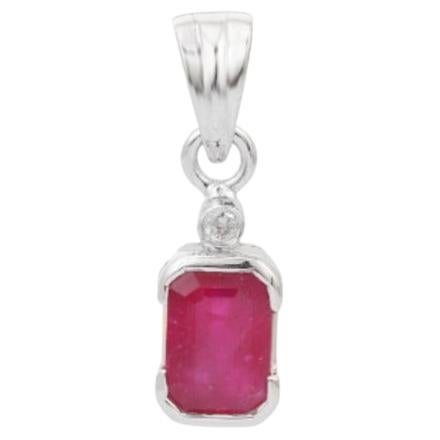 Everyday Octagon Cut Natural Ruby and Diamond Pendant in Sterling Silver For Sale
