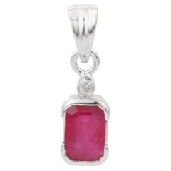 Everyday Octagon Cut Natural Ruby and Diamond Pendant in Sterling Silver