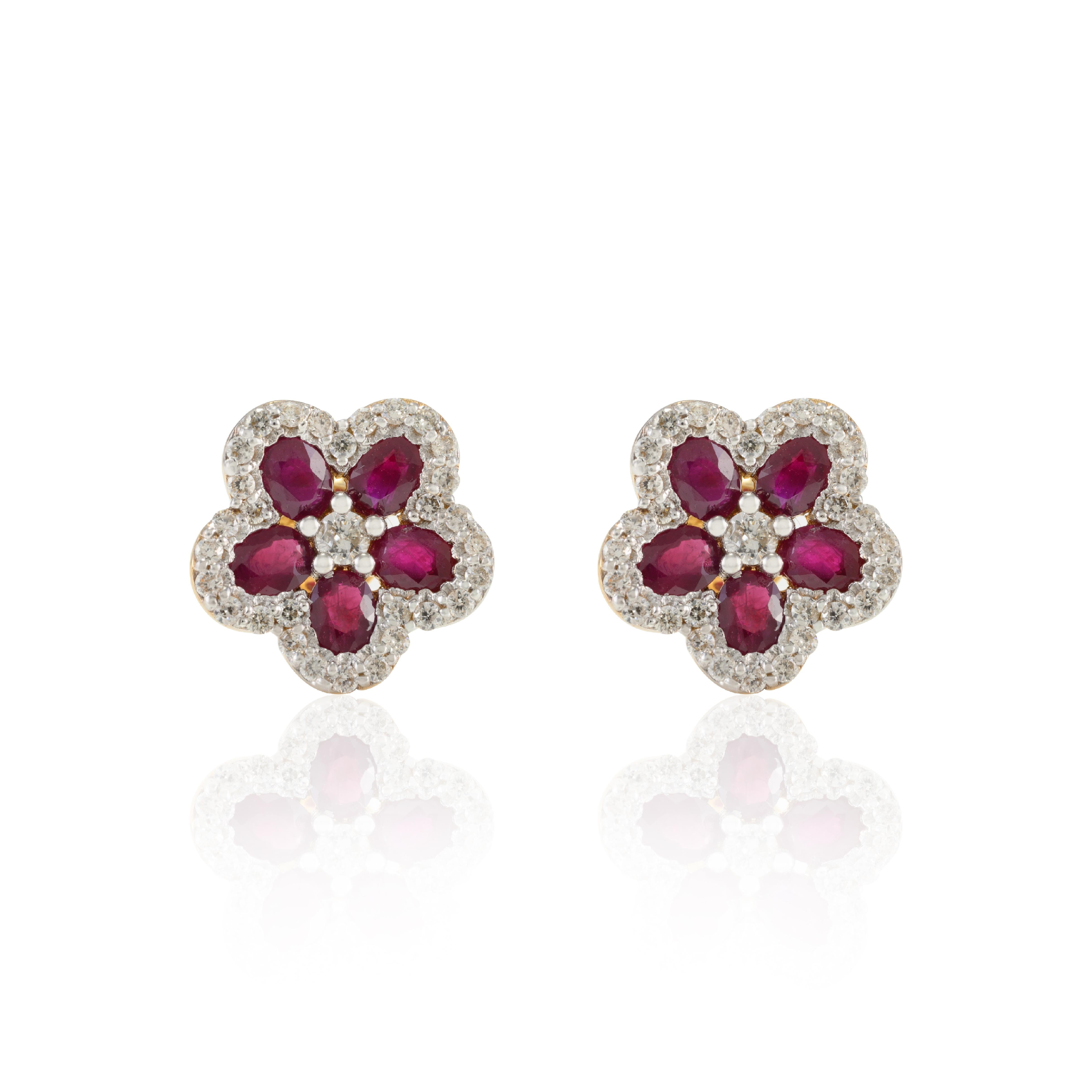 Oval Cut Everyday Ruby and Diamond Cherry Blossom Floral Stud Earrings in 18k Yellow Gold For Sale
