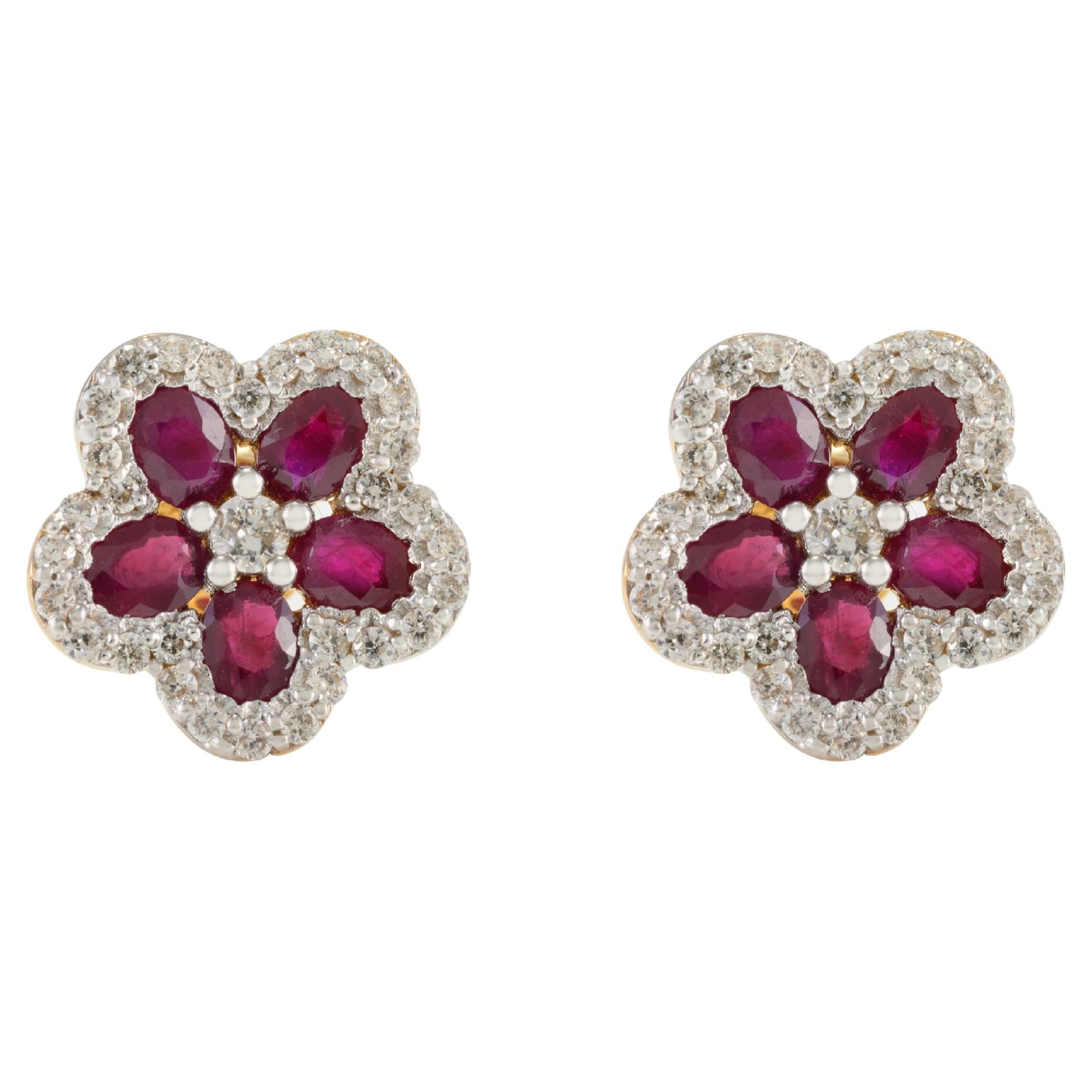 Everyday Ruby and Diamond Cherry Blossom Floral Stud Earrings in 18k Yellow Gold