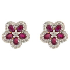 Everyday Ruby and Diamond Cherry Blossom Floral Stud Earrings in 18k Yellow Gold