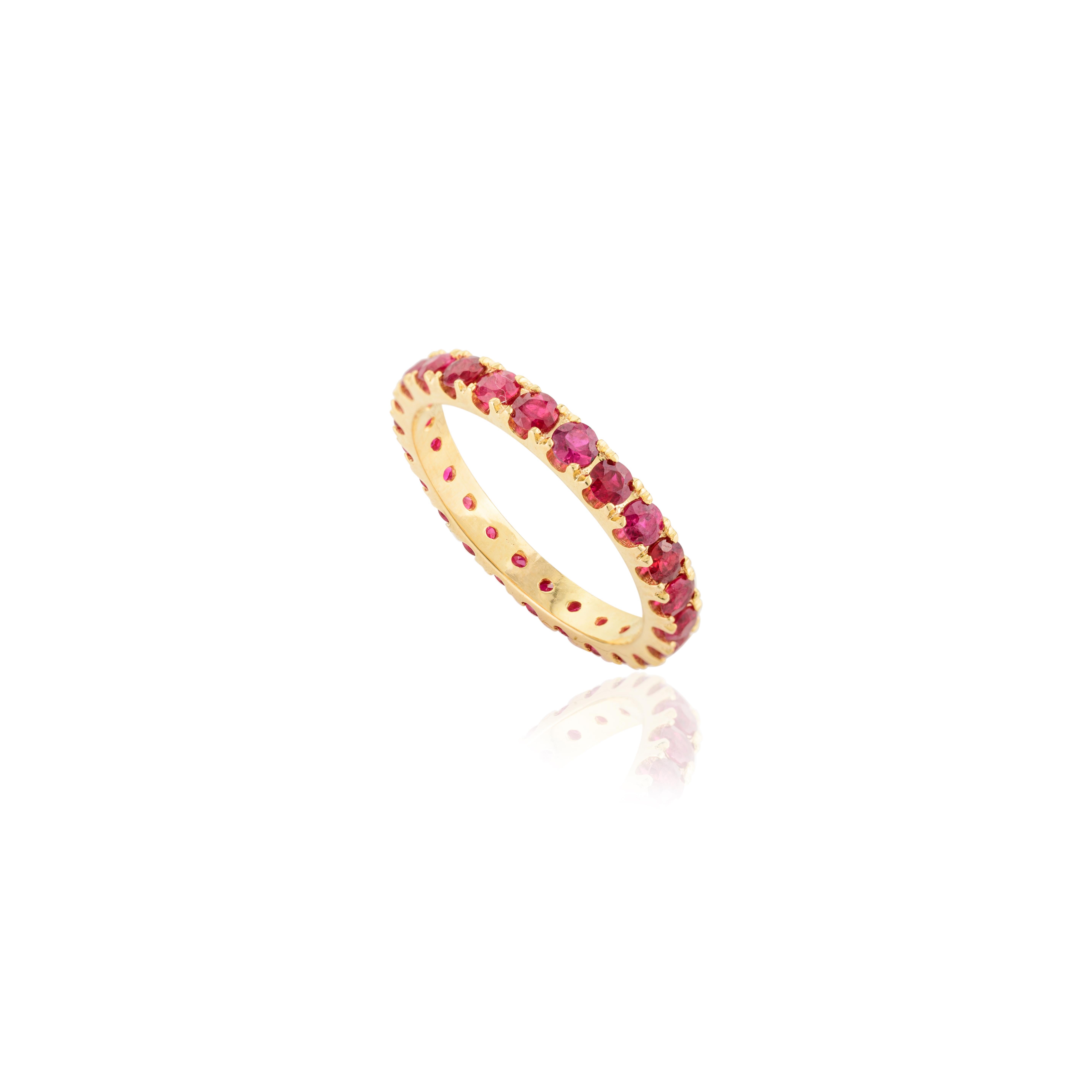 For Sale:  Everyday Ruby Eternity Band Ring Gift for Girlfriend in 14k Solid Yellow Gold 7