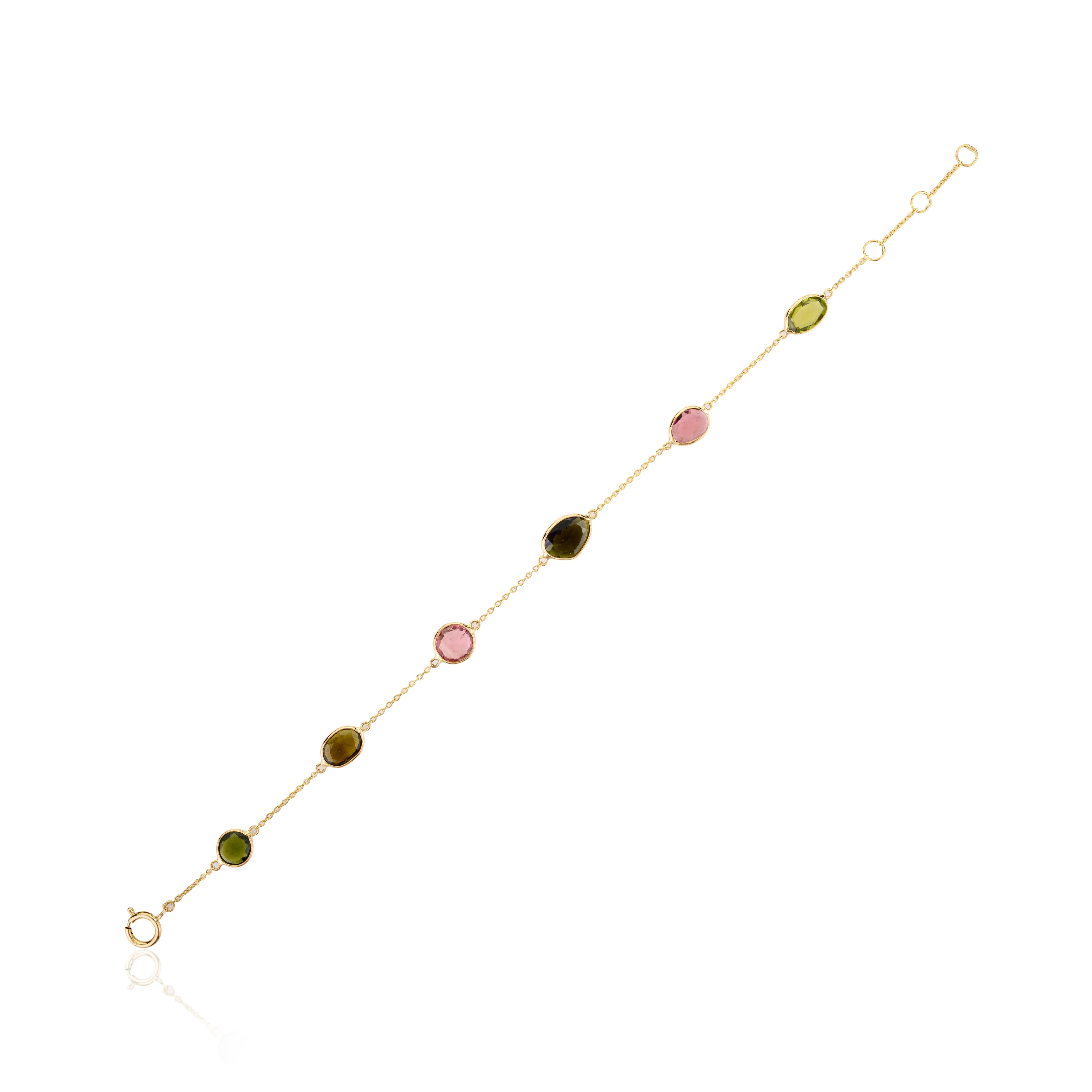 Moderno Bracciale a catena in oro giallo massiccio 18k con tormalina impilabile per tutti i giorni Regalo per lei in vendita