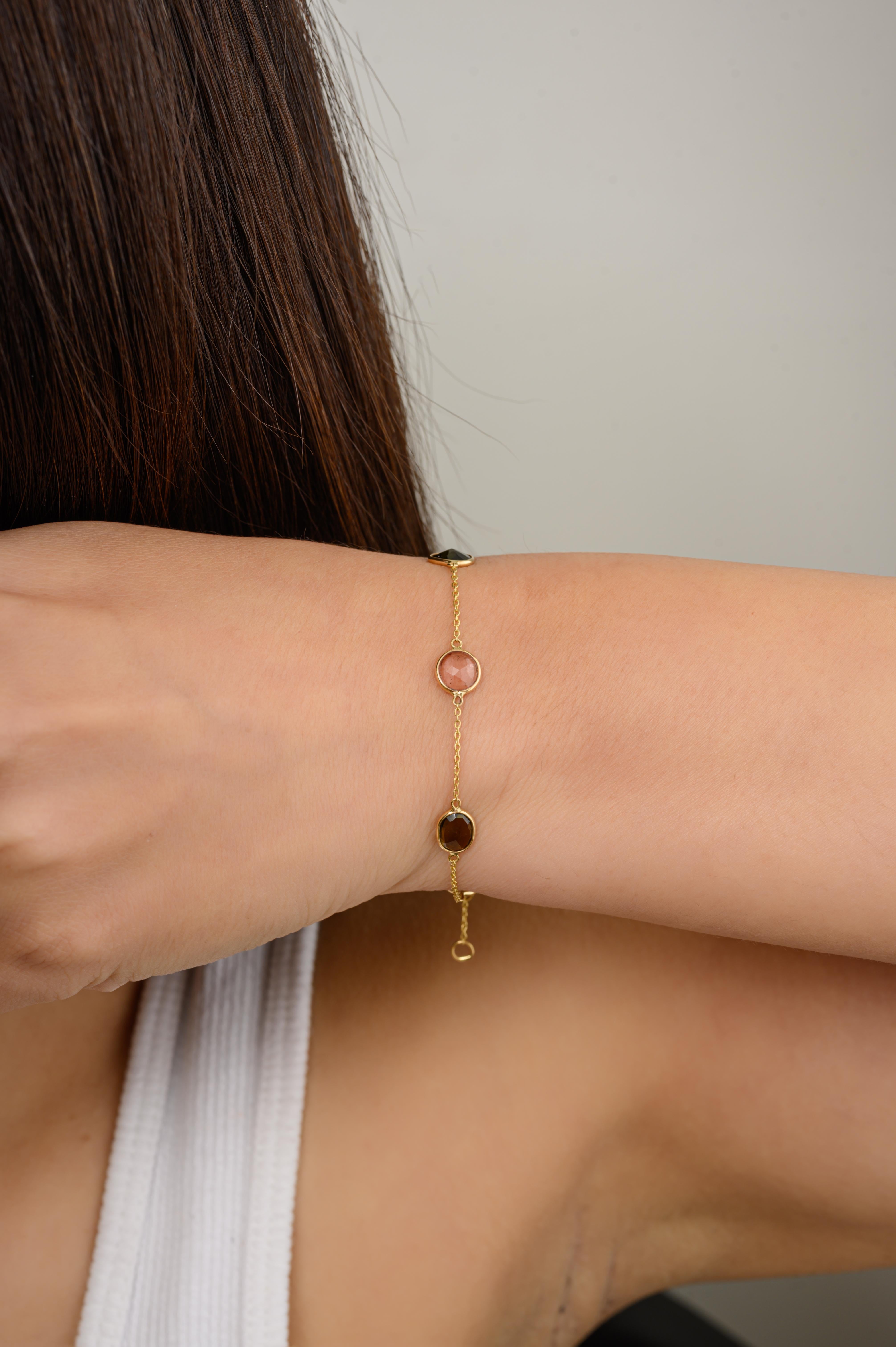 Taglio misto Bracciale a catena in oro giallo massiccio 18k con tormalina impilabile per tutti i giorni Regalo per lei in vendita