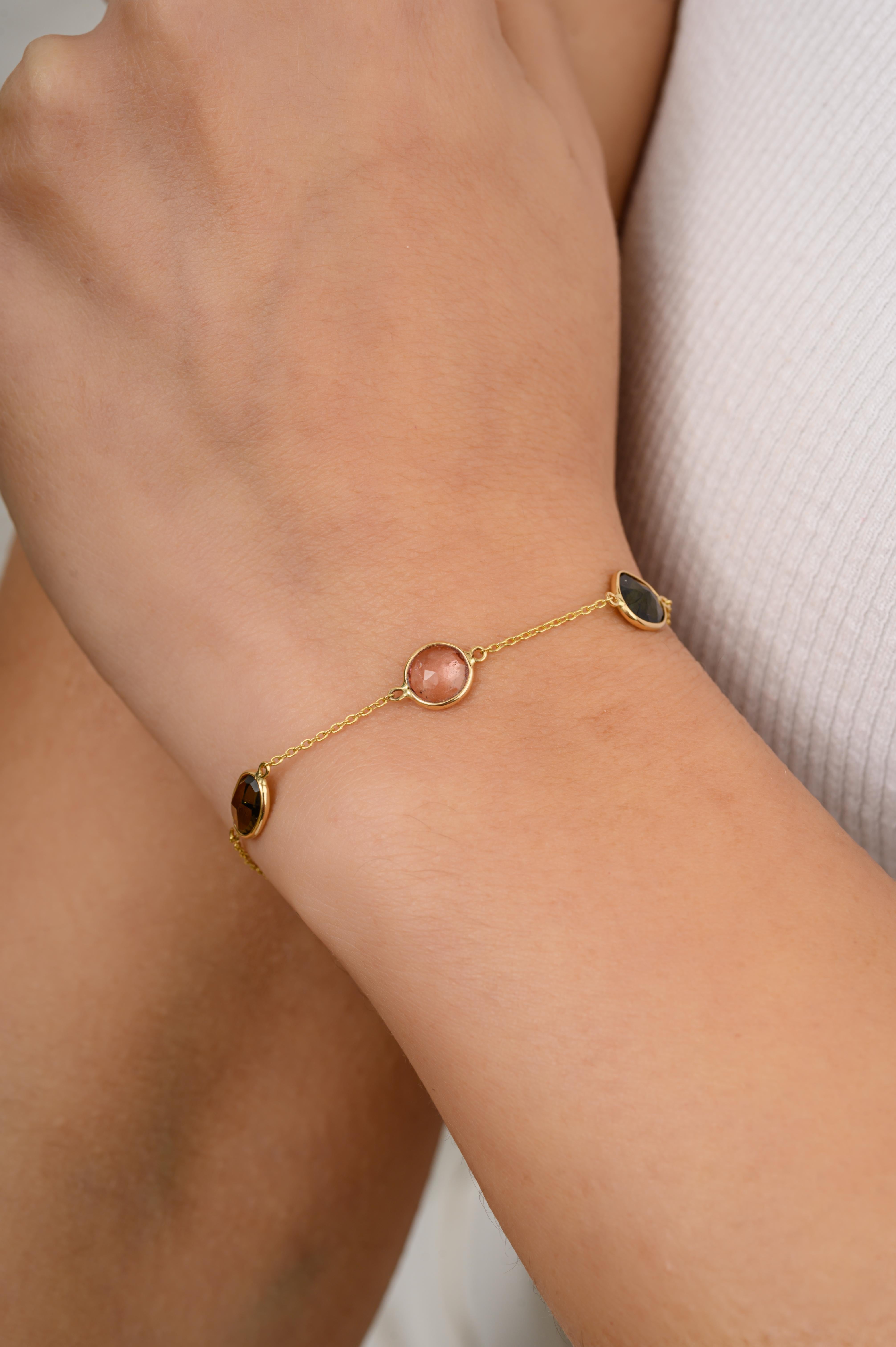 Donna Bracciale a catena in oro giallo massiccio 18k con tormalina impilabile per tutti i giorni Regalo per lei in vendita