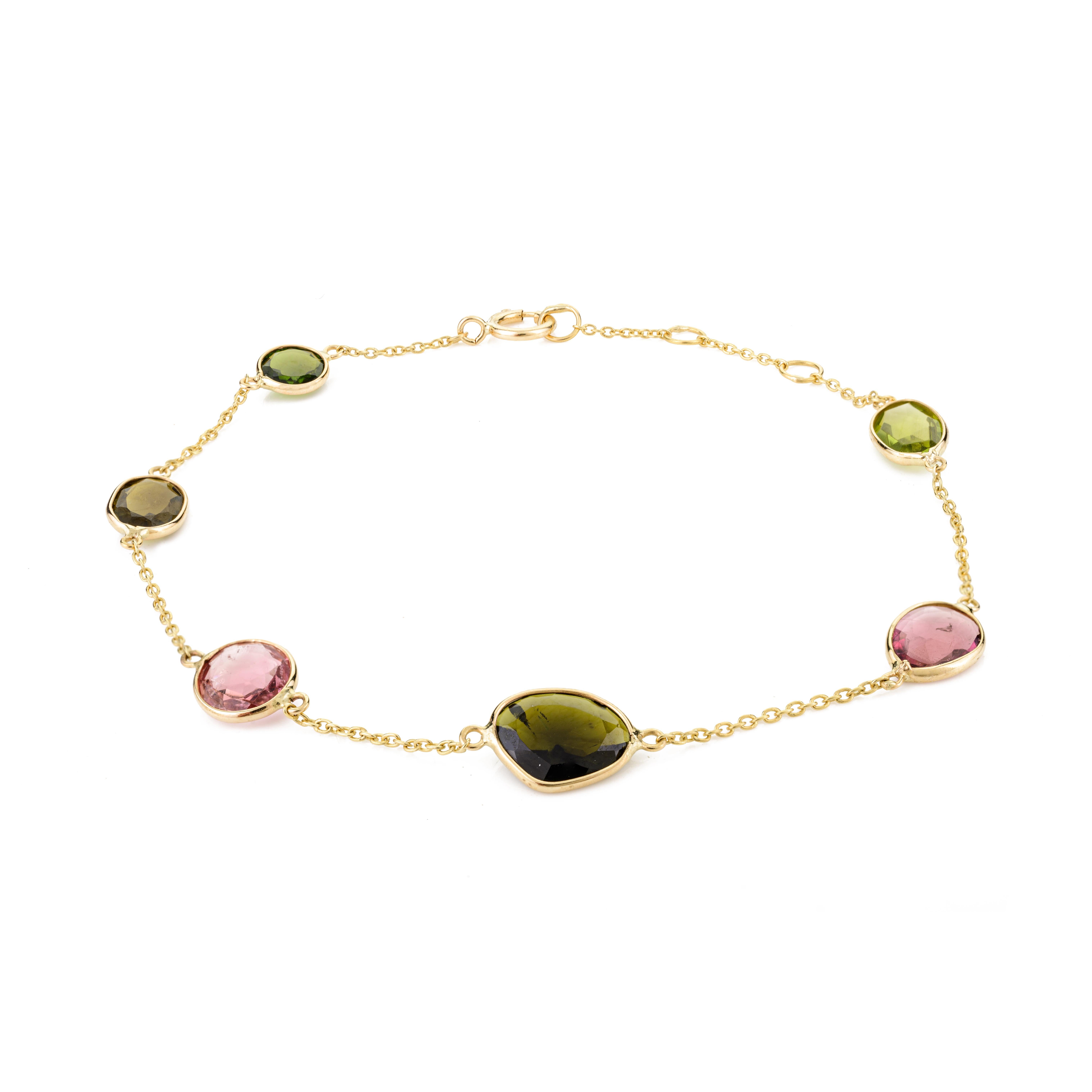 Bracciale a catena in oro giallo massiccio 18k con tormalina impilabile per tutti i giorni Regalo per lei in vendita 1
