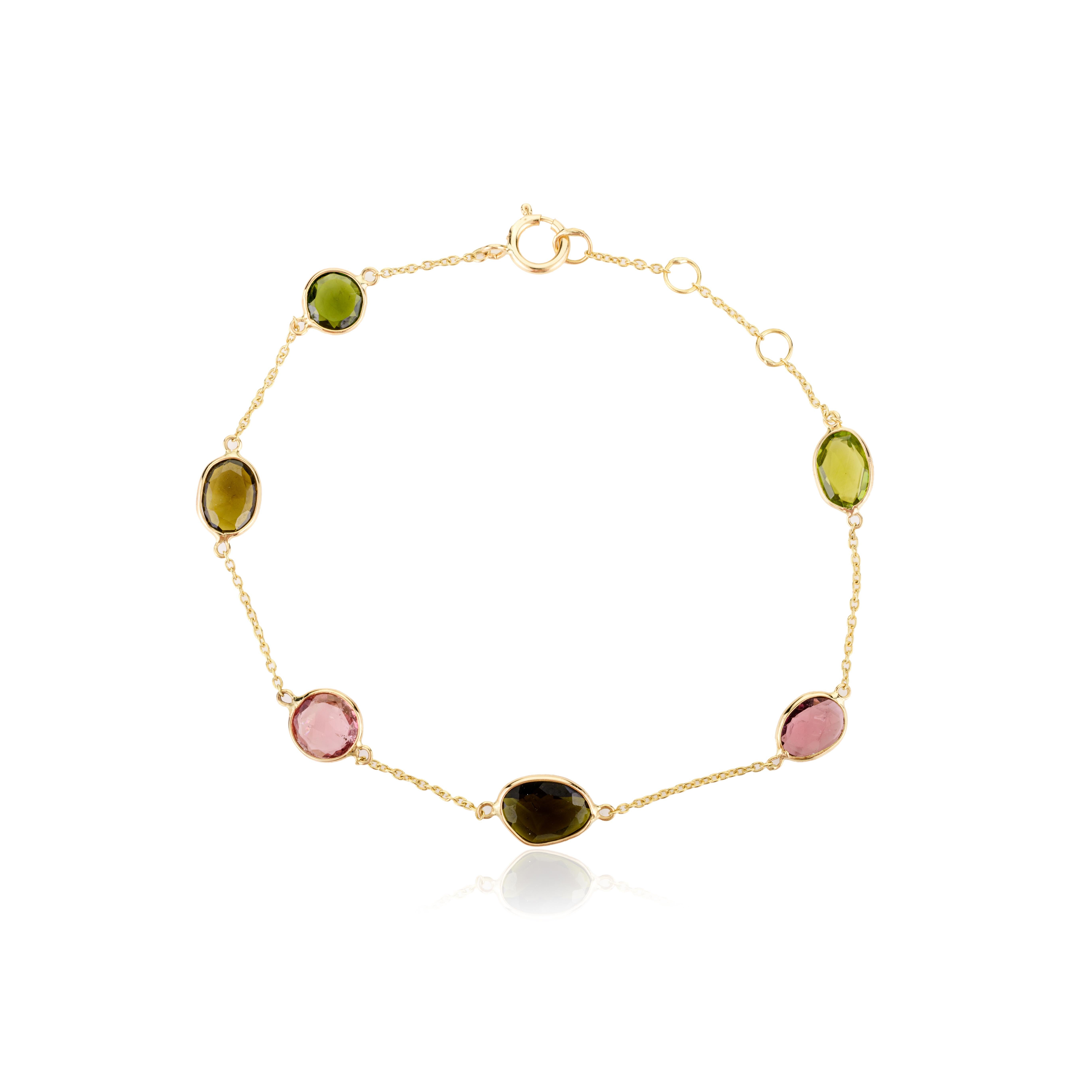 Bracciale a catena in oro giallo massiccio 18k con tormalina impilabile per tutti i giorni Regalo per lei in vendita 2