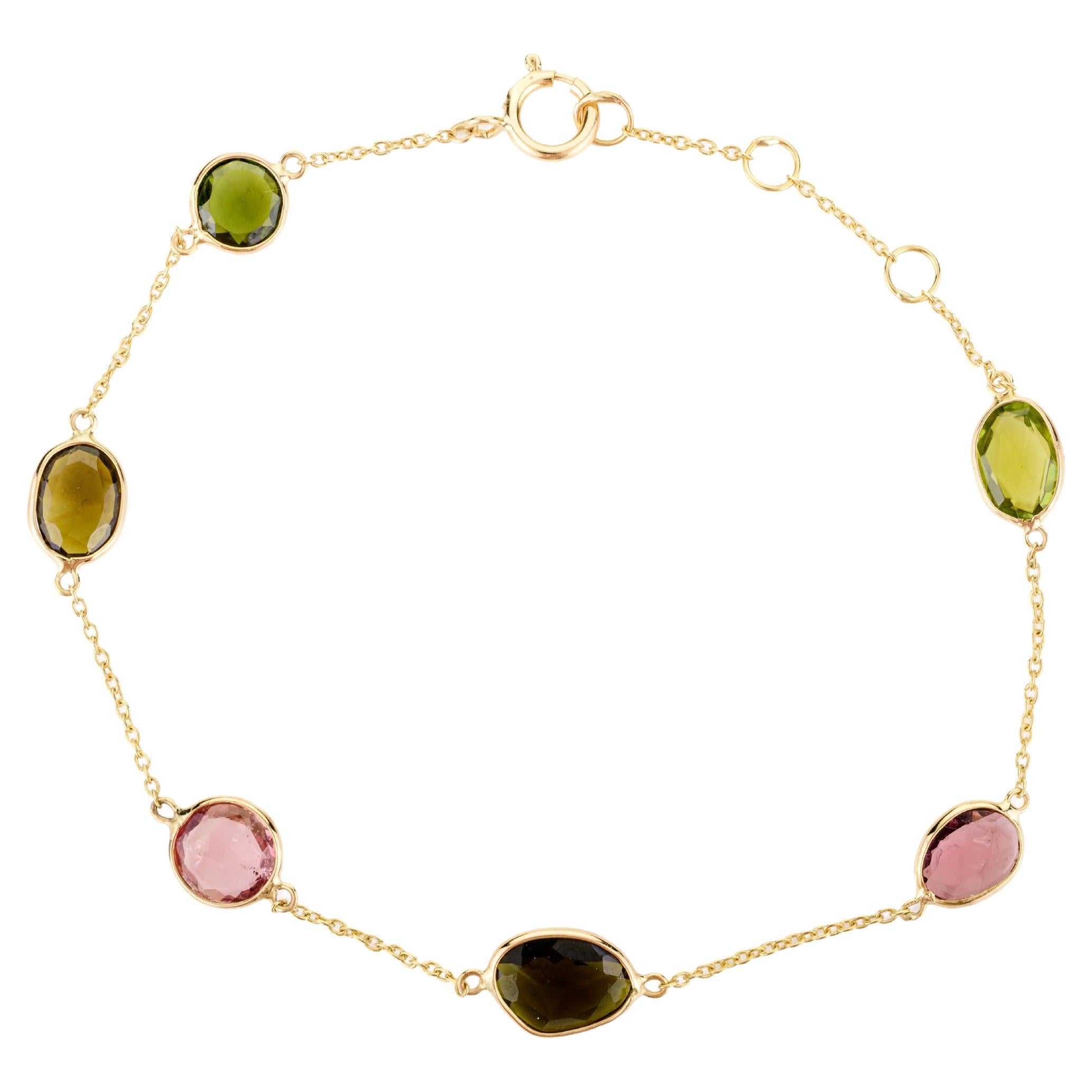 Kettenarmband aus massivem Gelbgold mit stapelbarem Turmalin 18k für sie jeden Tag, Geschenk