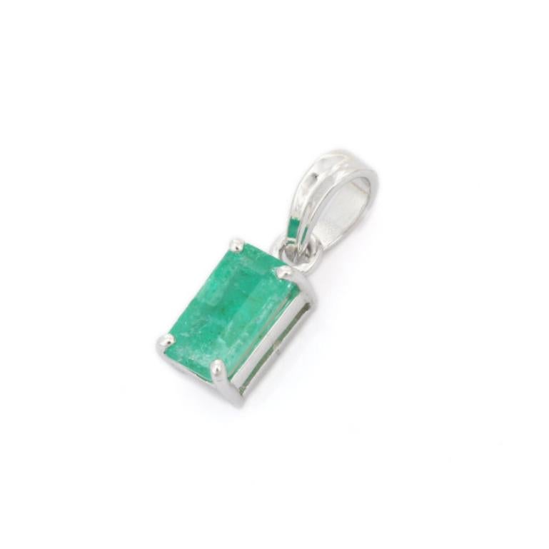Everyday Unisex Emerald Pendant in sterling silver studded with octagon cut emerald. This stunning piece of jewelry instantly elevates a casual look or dressy outfit. 
Emerald enhances the intellectual capacity of the person.
Designed with octagon