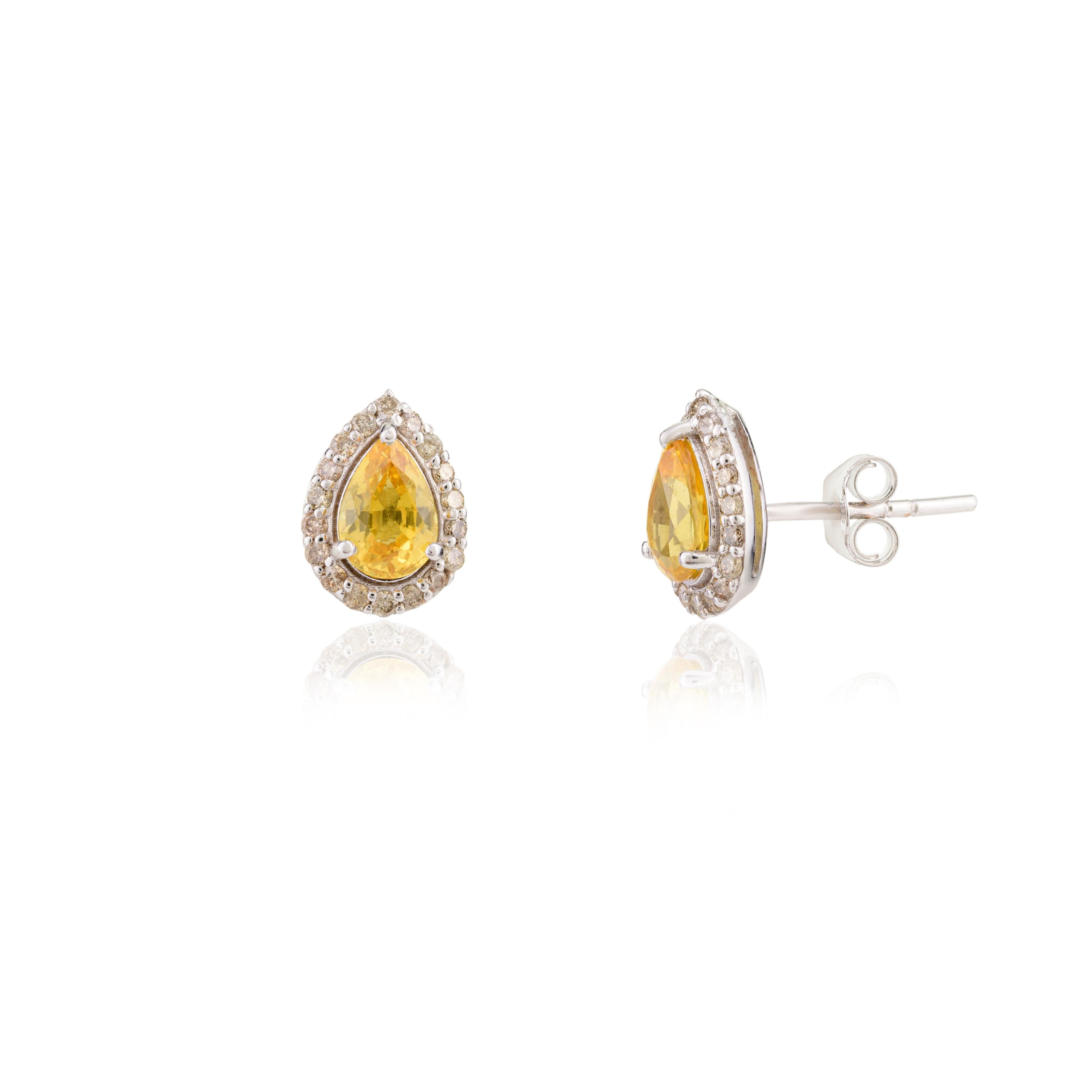 Modern Everyday Yellow Sapphire and Diamond Stud Earrings in 18k Solid White Gold For Sale