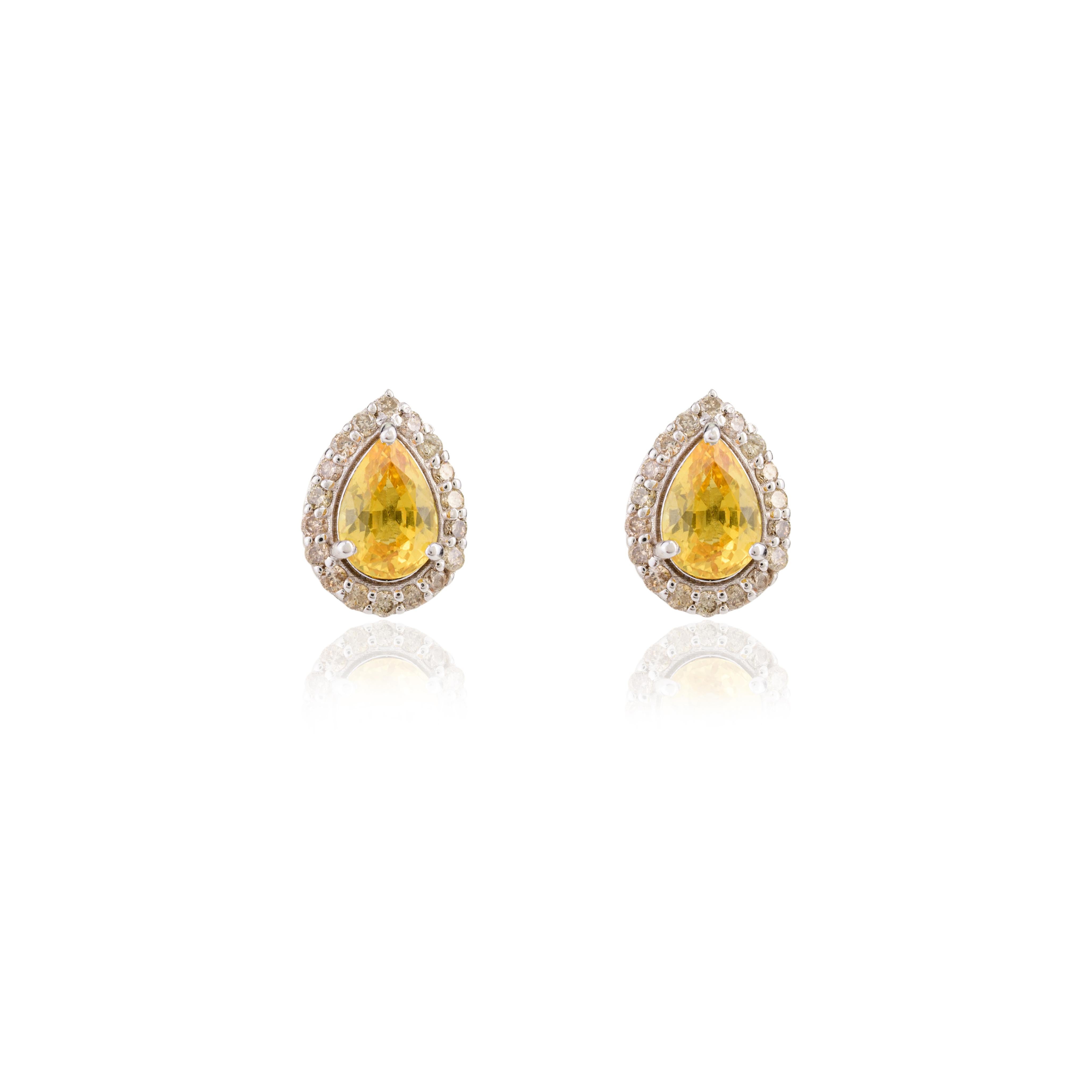 Pear Cut Everyday Yellow Sapphire and Diamond Stud Earrings in 18k Solid White Gold For Sale