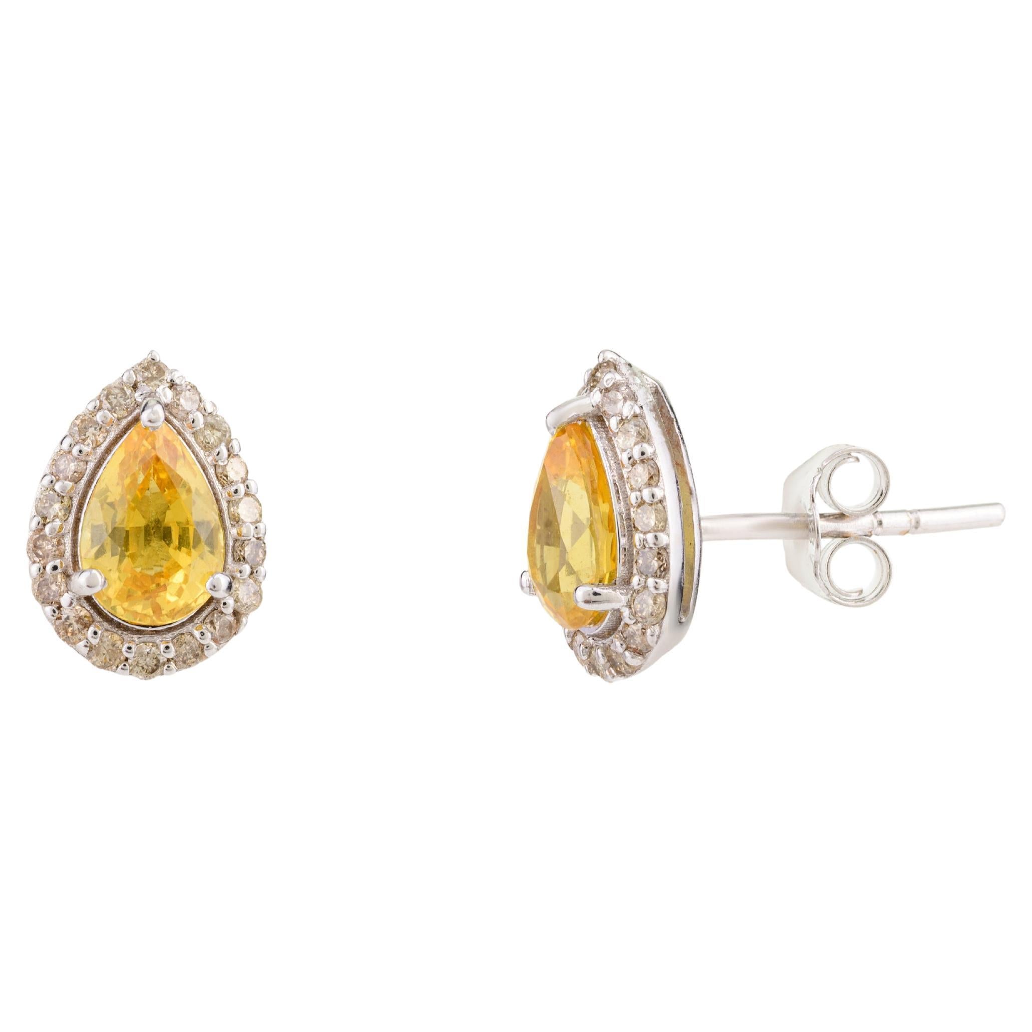 Everyday Yellow Sapphire and Diamond Stud Earrings in 18k Solid White Gold For Sale