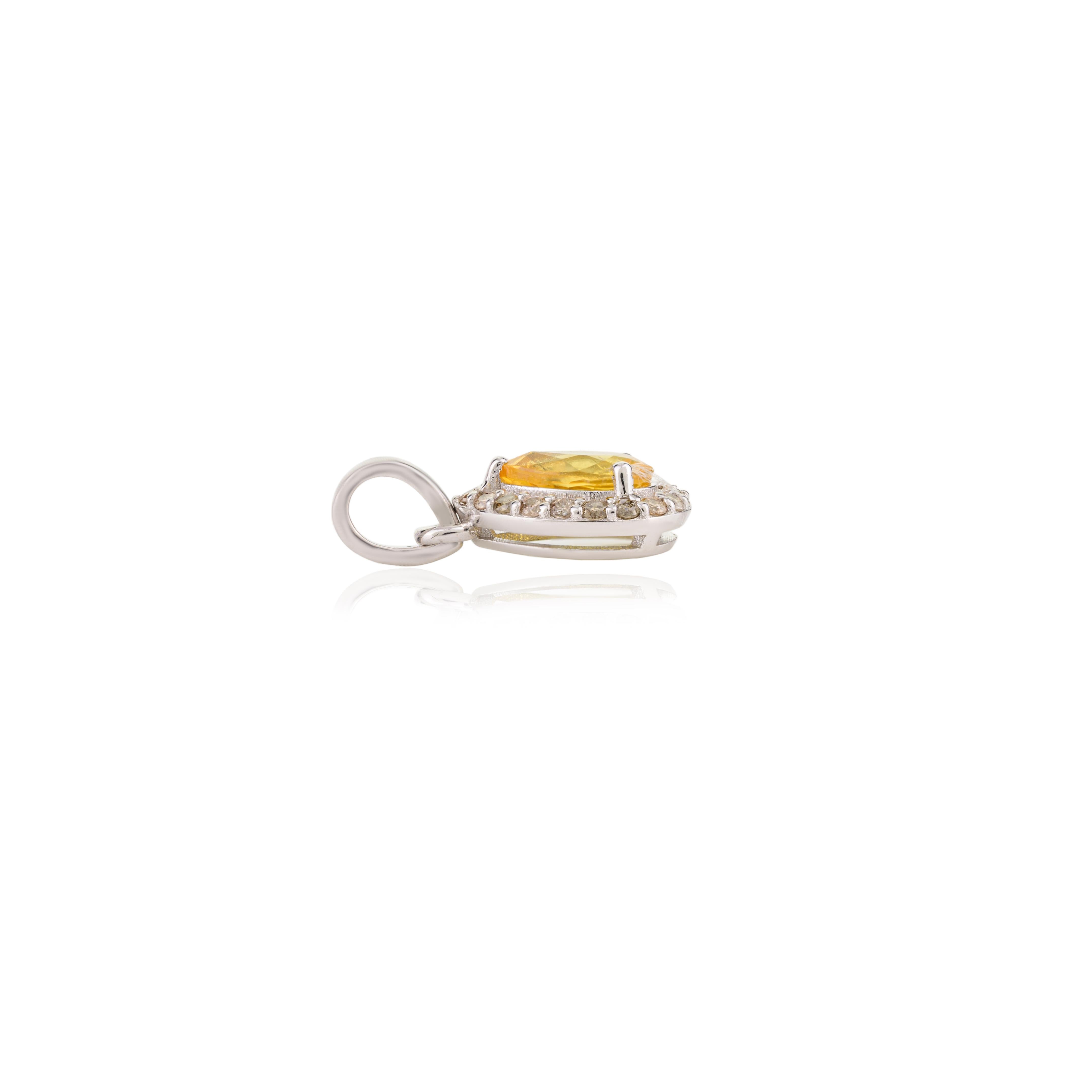 Modern Everyday Yellow Sapphire Halo Diamond Pendant in 18k White Gold for Gift For Sale