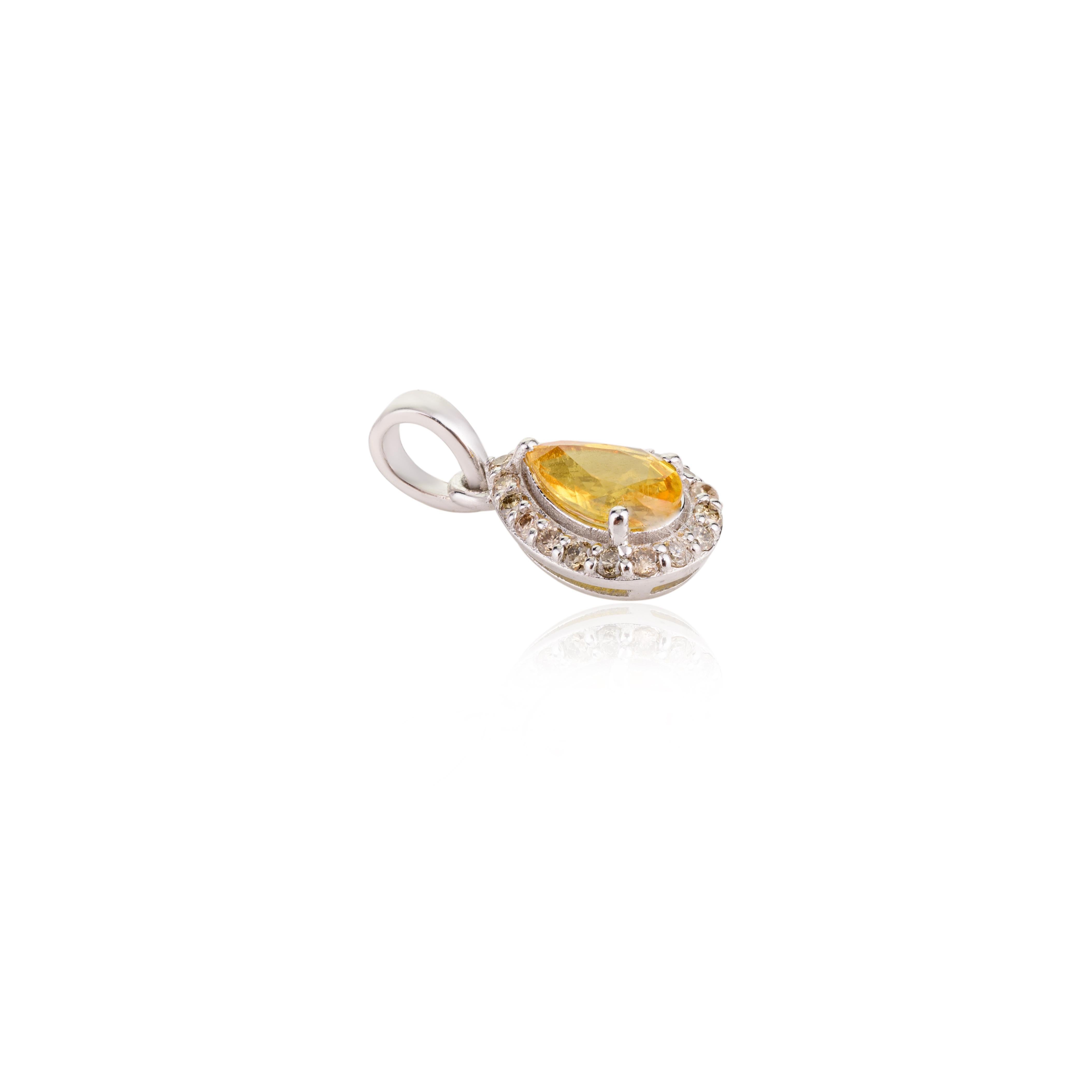 Pear Cut Everyday Yellow Sapphire Halo Diamond Pendant in 18k White Gold for Gift For Sale